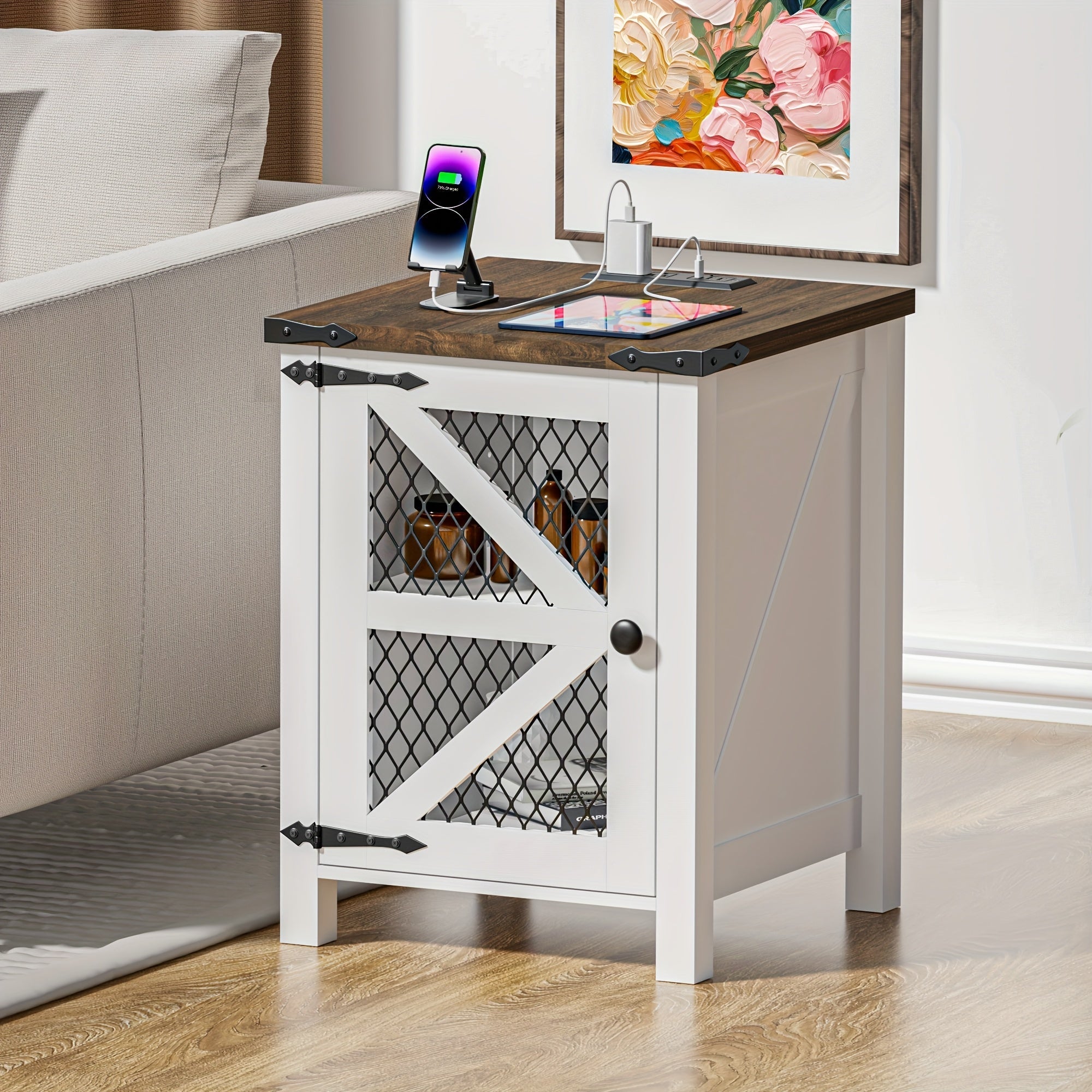 Chic 18" Farmhouse Side Table with Charging Port - Rustic Wire Mesh Barn Door Design, White Nightstand with Adjustable Shelf for Bedroom & Living Room