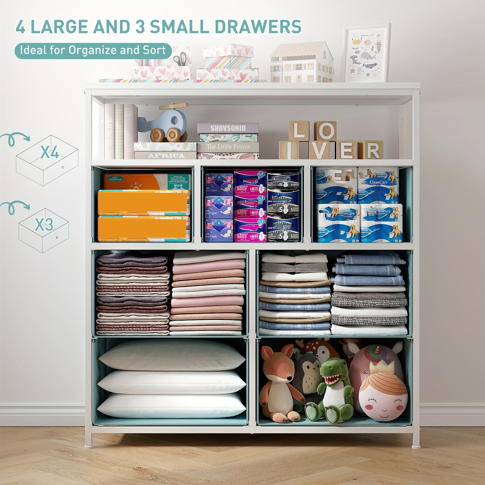 Dresser For Bedroom With 7 Drawers And 2 Shelves TV Stand Dresser With Wooden Top And Metal Frame Tall Dressers & Chest