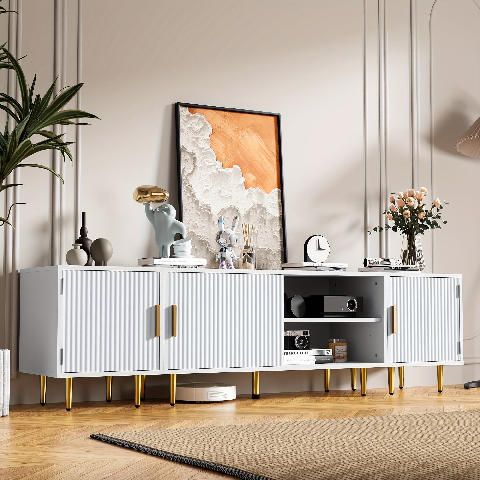 Modern White TV Stand with Fluted Waveform Doors, Lockable Entertainment Center for Living Room, Office, Studio - Includes 2 Movable Storage Cabinets, Freestanding Wooden Design, Fits 50/60/70/80 Inch TVs