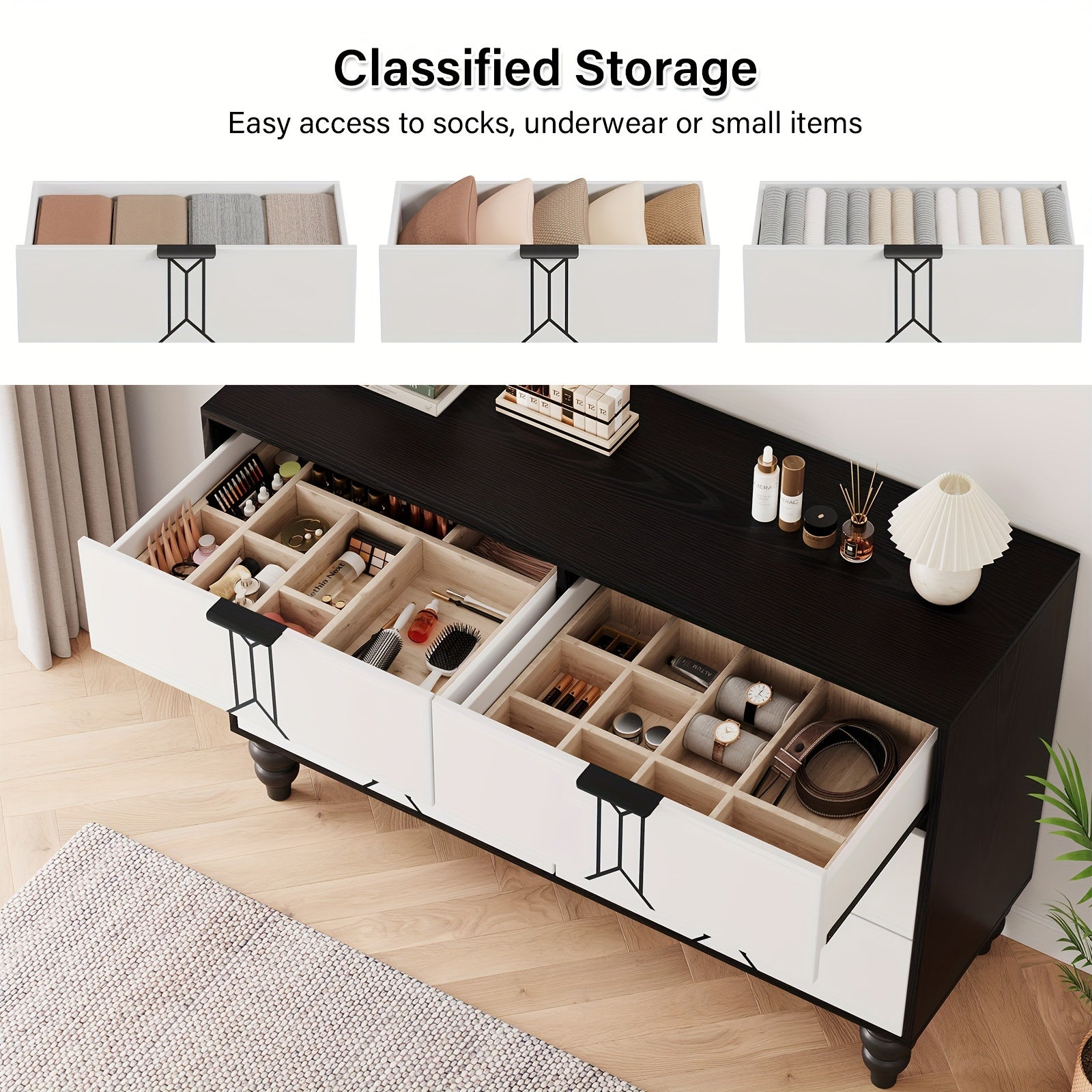 Vintage Style 6-Drawer Dresser, Modern Black And White Chest With Deep Storage For Bedroom, Living Room And Entryway