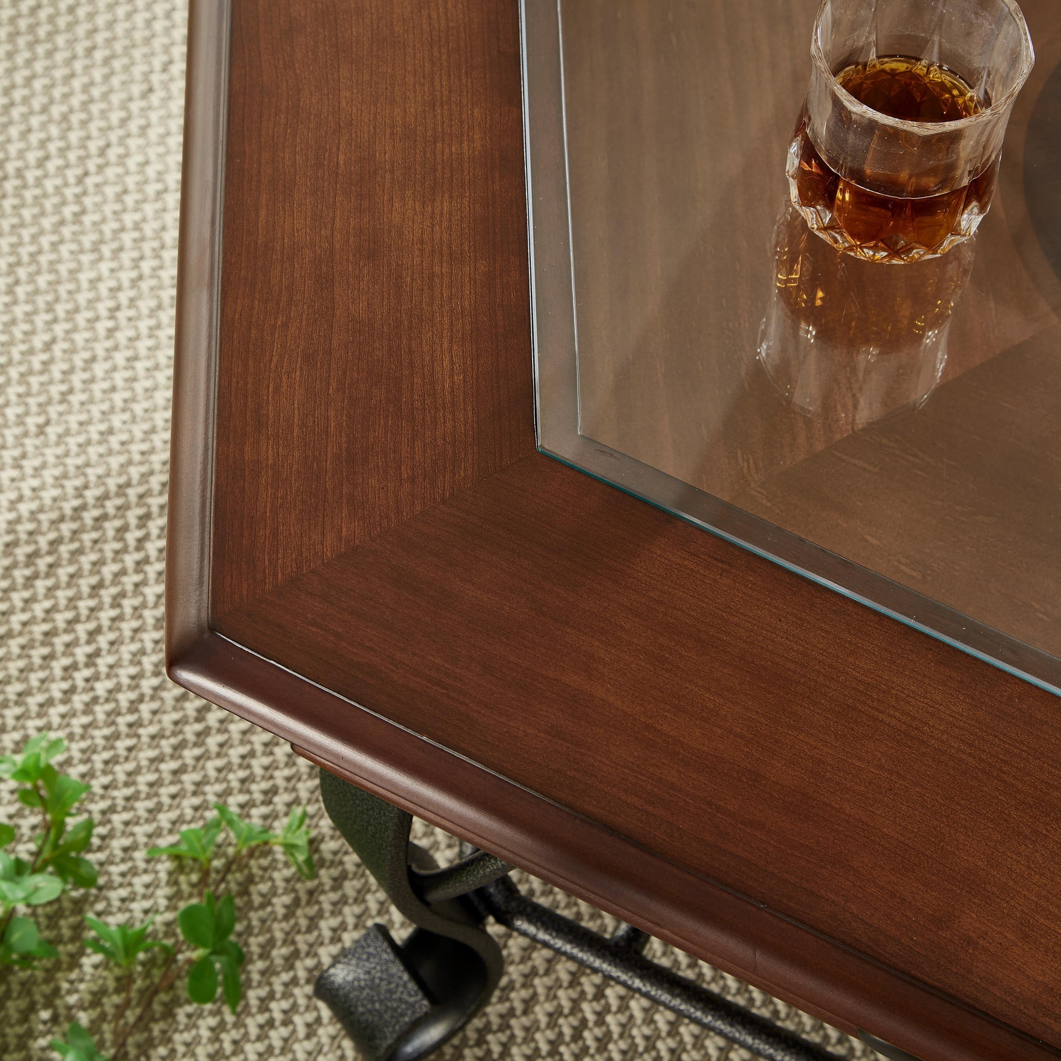 Wood Coffee Table, Vintage, Hexagon, Glass Top, With Drawer Storage