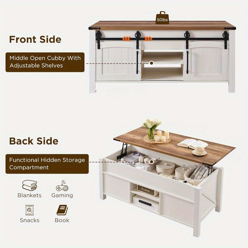 Farmhouse Lift Top Coffee Table with Sliding Door 48-Inch Spacious Rustic Center Table: Equipped with Hidden Storage