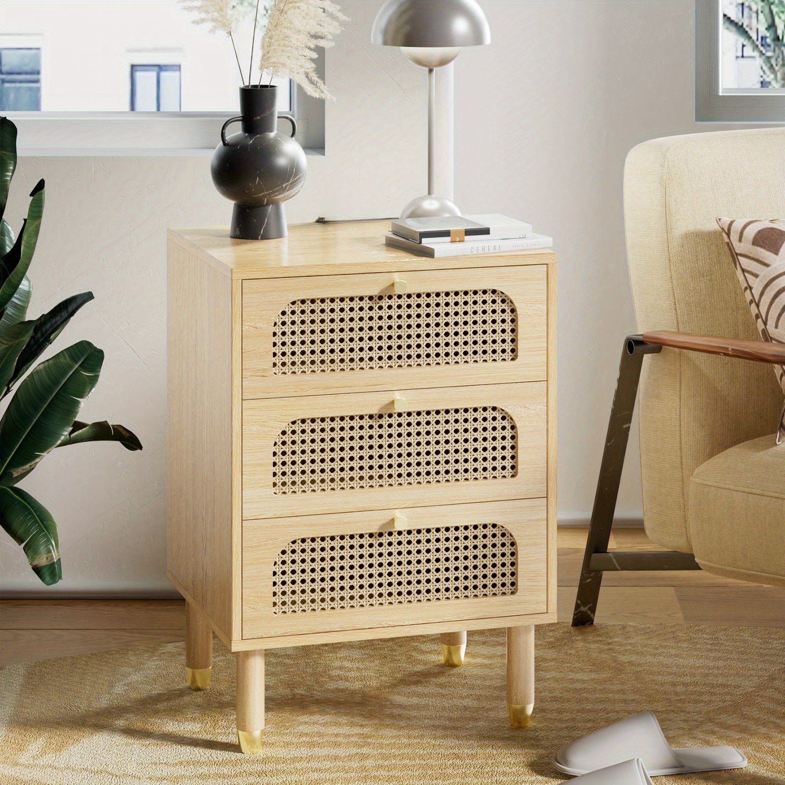 Wood Grain Color, MDF with Triamine Surface, Rattan Drawer Veneer, Solid Wood Legs, Three Drawers, Bedside Table