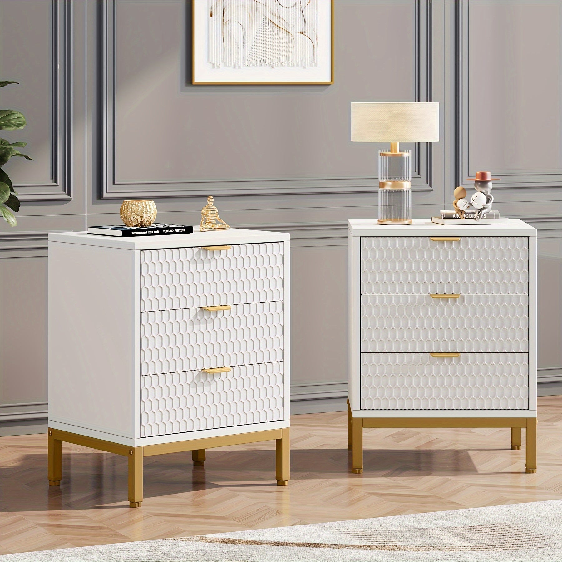 Modern 3 Drawers Nightstand Golden White Bedside Chair Side End Table With Storage For Living Room