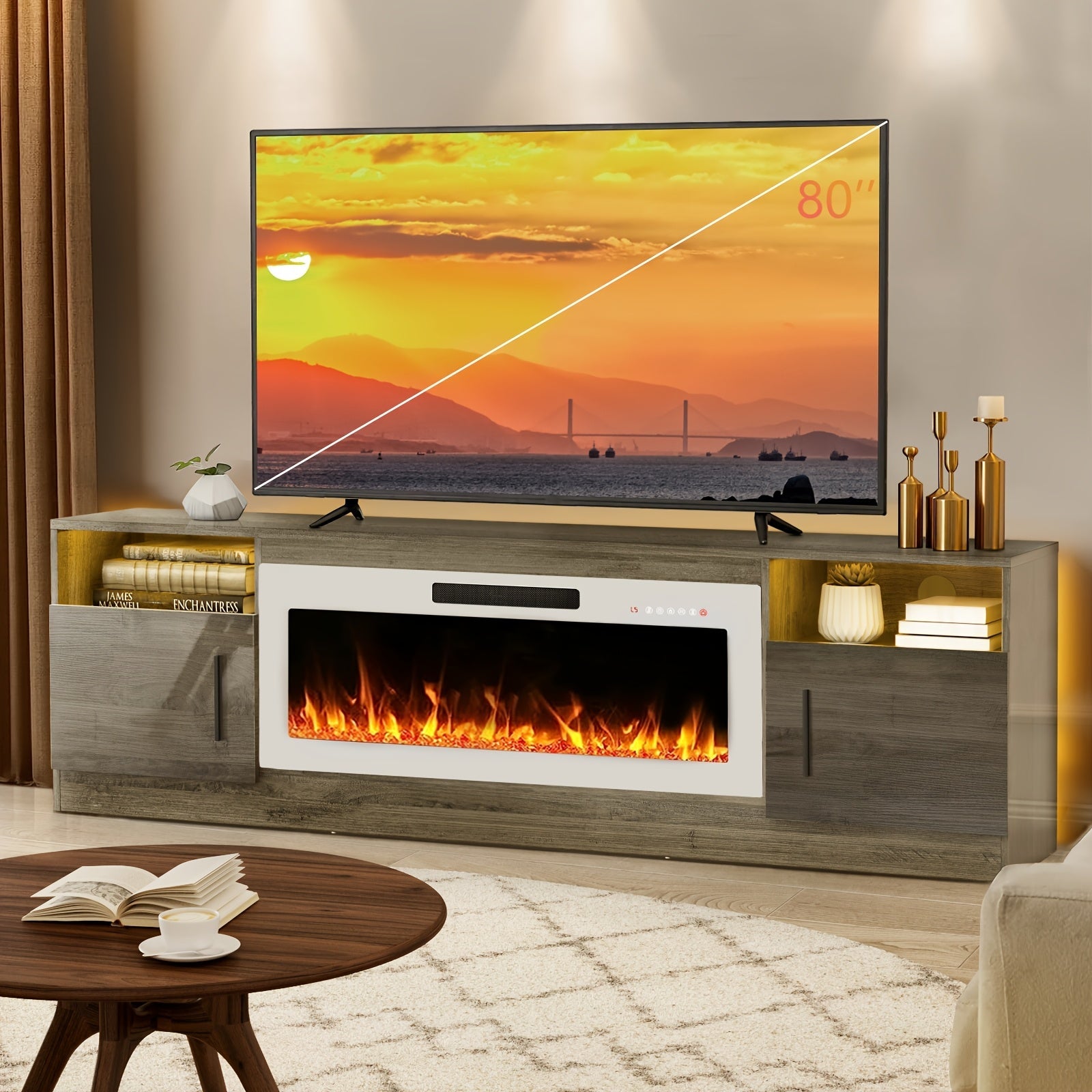 Fireplace tv Stand with 36 inch Fireplace Up to 80" TVs, LED Light Entertainment Center and Storage, 70" Modern Wood Media TV Console with Highlight Cabinet for Living Room