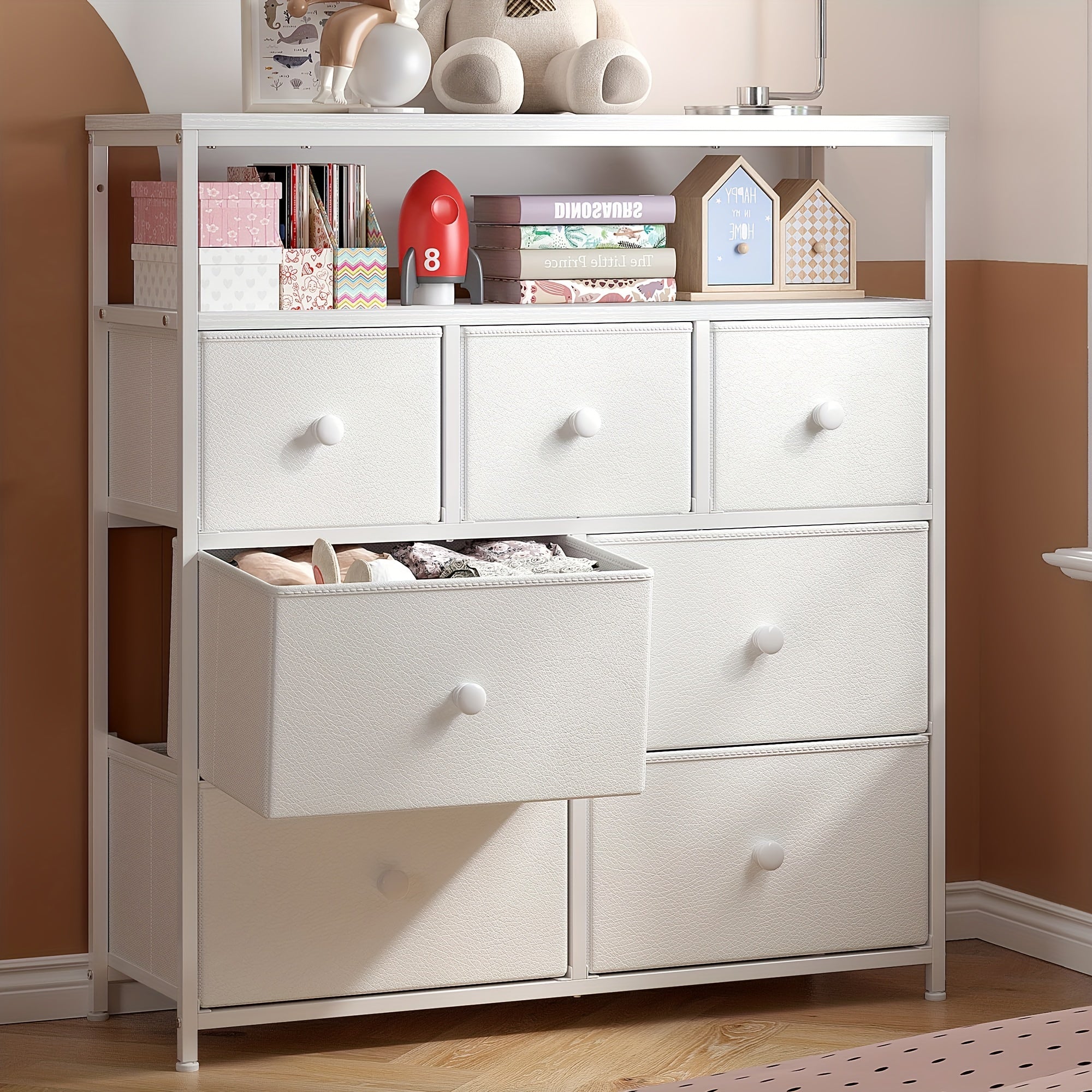 1pc Glam Style 7-Drawer Dresser with 2 Shelves, Metal Frame, Freestanding Tall Dresser for Bedroom, Closet Storage Organizer, Under 3.2 Cubic Feet Capacity, Easy Assembly, Under 27 Inches Height