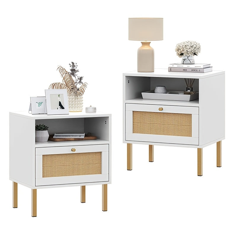 2pcs Bohemian Style Bedside Tables, White Wooden Nightstands with Rattan Weave, Open Shelves & Doors, Hardwood Construction, Medium Density Fiberboard, Under 3.2 Cubic Feet Storage, Less Than 27 Inches Tall, Storage Drawer Un