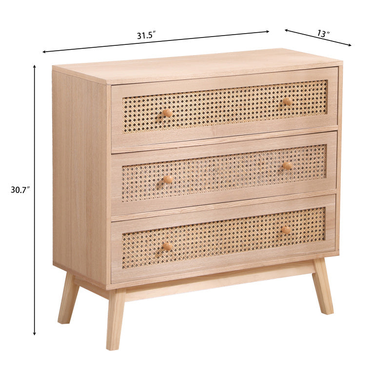 31.5" Natural Rattan Storage Cabinet with 3 Drawers, Solid Legs - Breathable Organizer for Bedroom and Living Room Decor