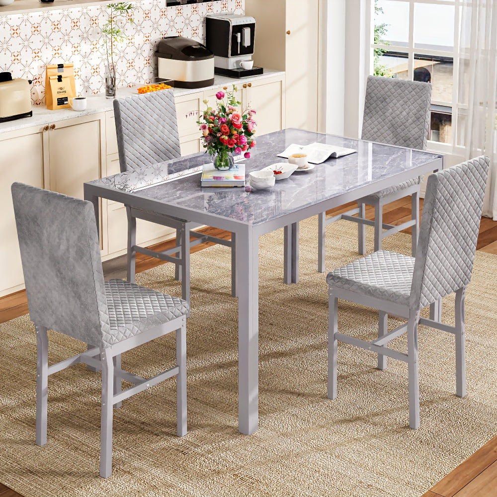 Modern Luxurious Style 5pcss Dining Room Table Set, 5pcs Dining Table Bar Table Set With Tempered Glass Tabletop, Metal Frame And Faux Leather Upholstered Dining Chairs, 4-Person Breakfast Nook Dining Table Set Other(Furnitur