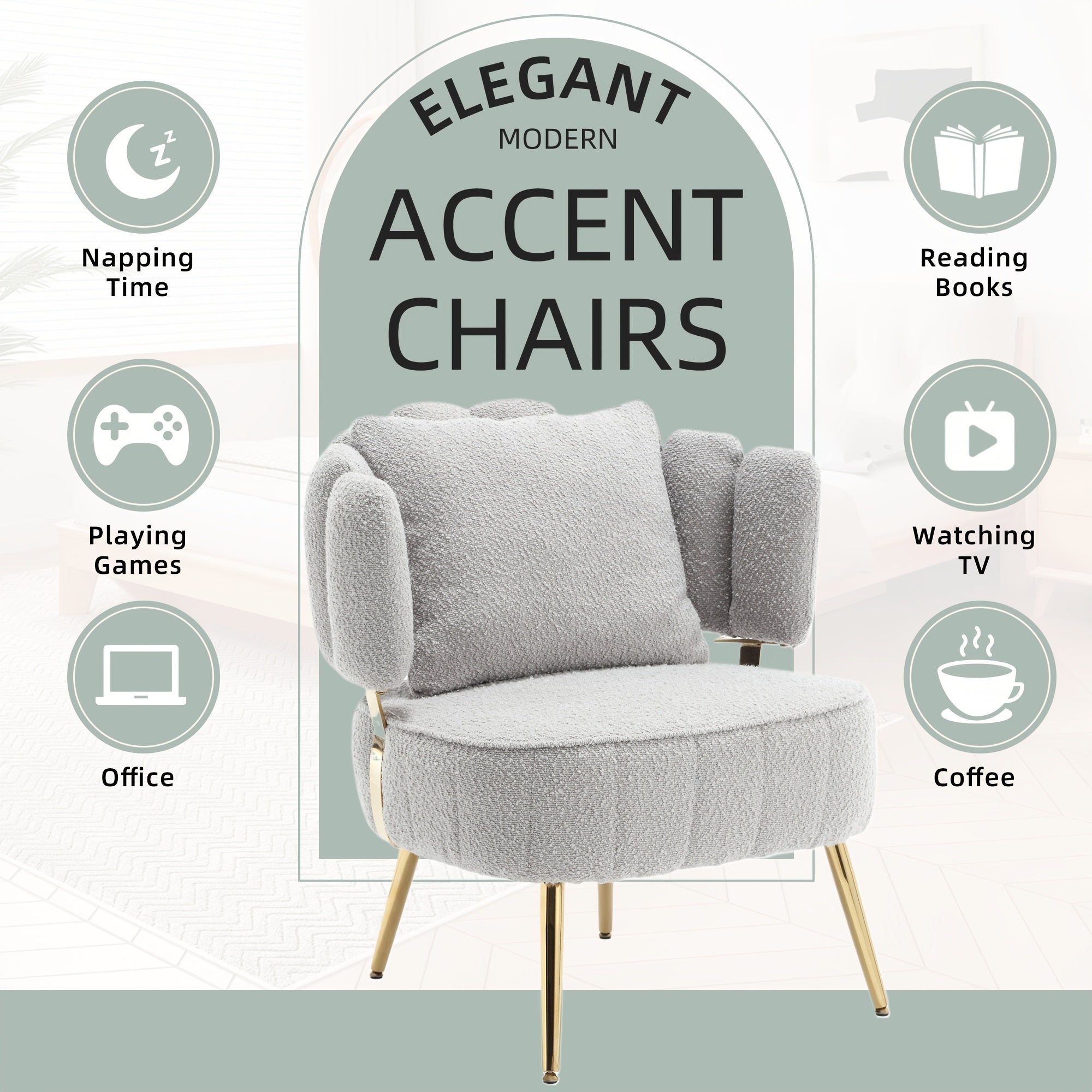 Modern Accent Chair Living Room Tufted Chair With Curved Backrest Boucle Single Chair With Golden Metal Legs For Living Room Bedroom Waiting Room Reading Room Cafe