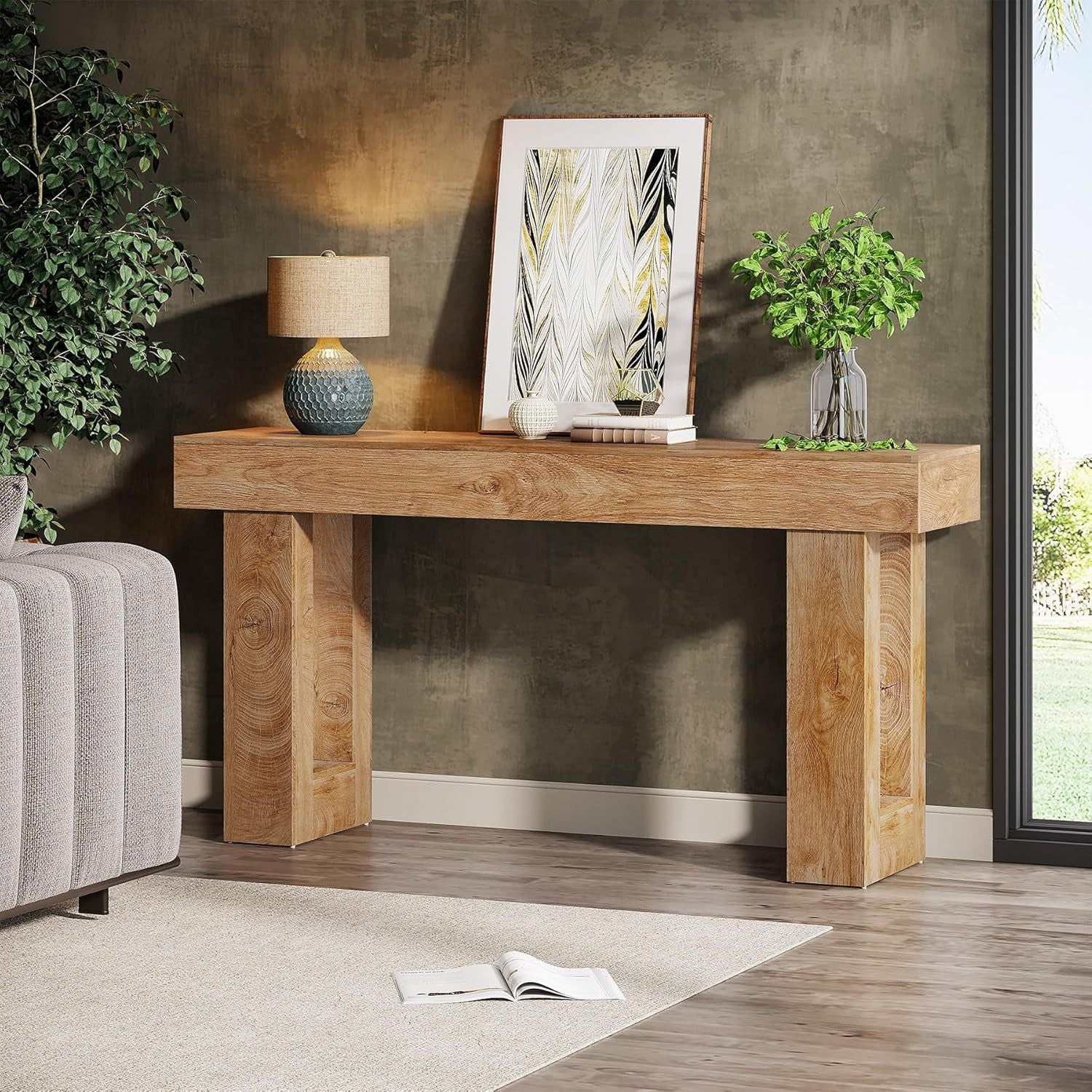 Chic 63" Long Wooden Console Table with Open Storage Space - Contemporary Farmhouse Style, Sturdy Hardwood Construction, Ideal for Entryway, Hallway, Living Room - Features Perfectly Aligned Top & Base Width