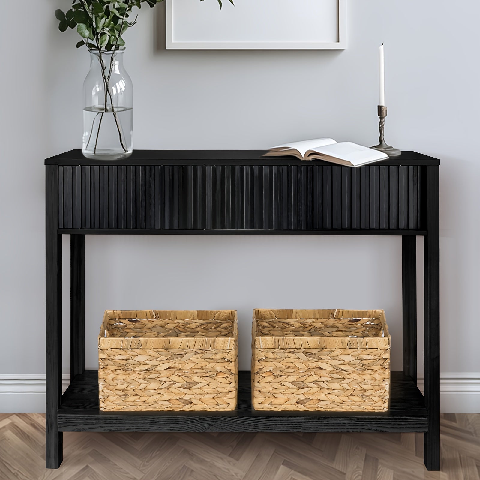 Long Console Table with Storage, Fluted Entryway Table, Slim Sofa Table Behind Couch Entry Table, Narrow Wood Hallway Table, Modern Living Room Couch Table, Black Foyer Entrance Table