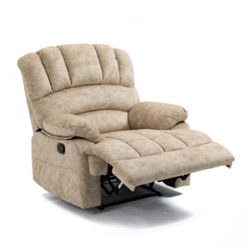 Luxurious Beige Fabric Recliner Chair with Padded Headrest and Side Pockets - Sturdy Metal Frame, Manual Adjustment, Ideal for Living Room Comfort, Chair Cushion