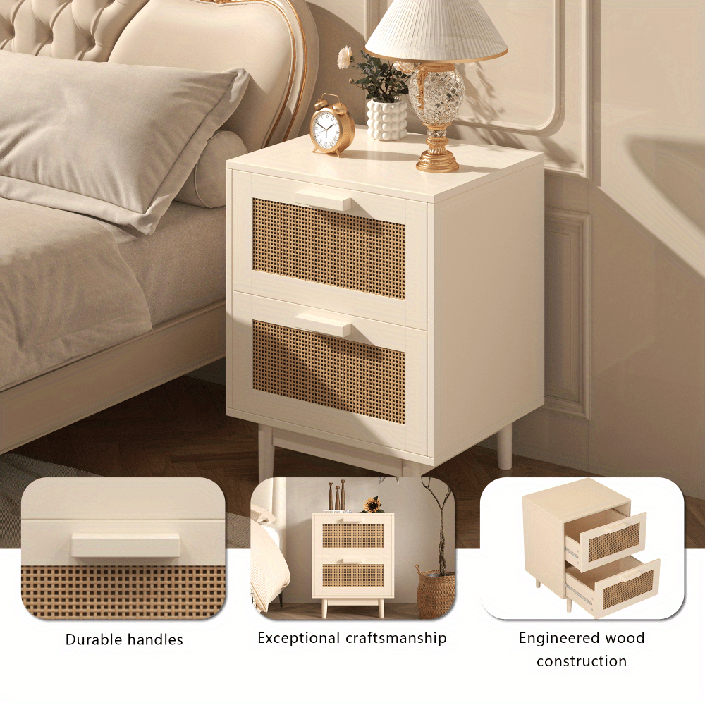 Rattan Nightstand Wood End Table Side Table with 2 Faux Rattan-Decorated Drawers Bedside Table Wood Accent Table