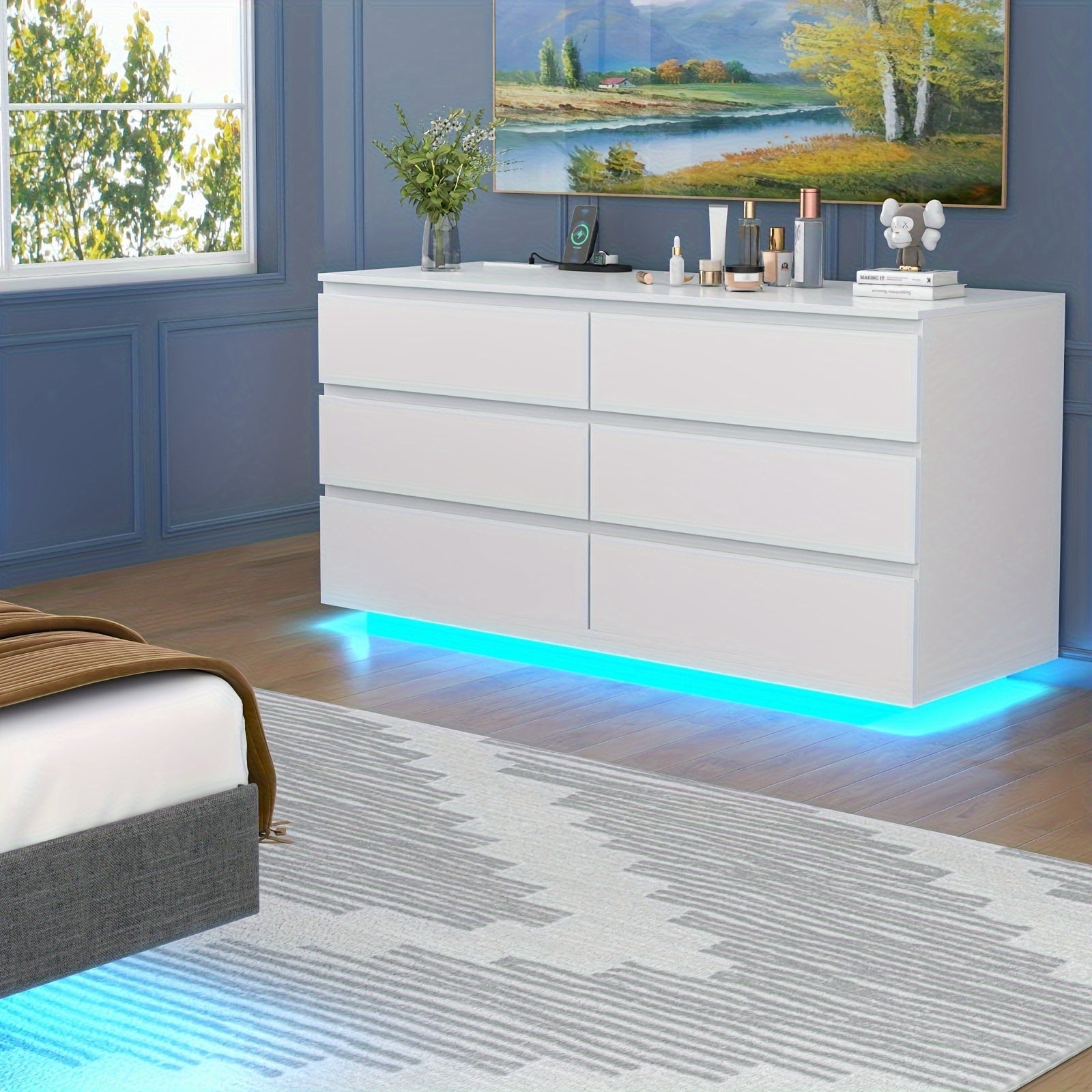 6 Drawer Dresser White Dresser with Power Outlet and LED Lights Floating Chest of Drawers for Living Room - Dresser