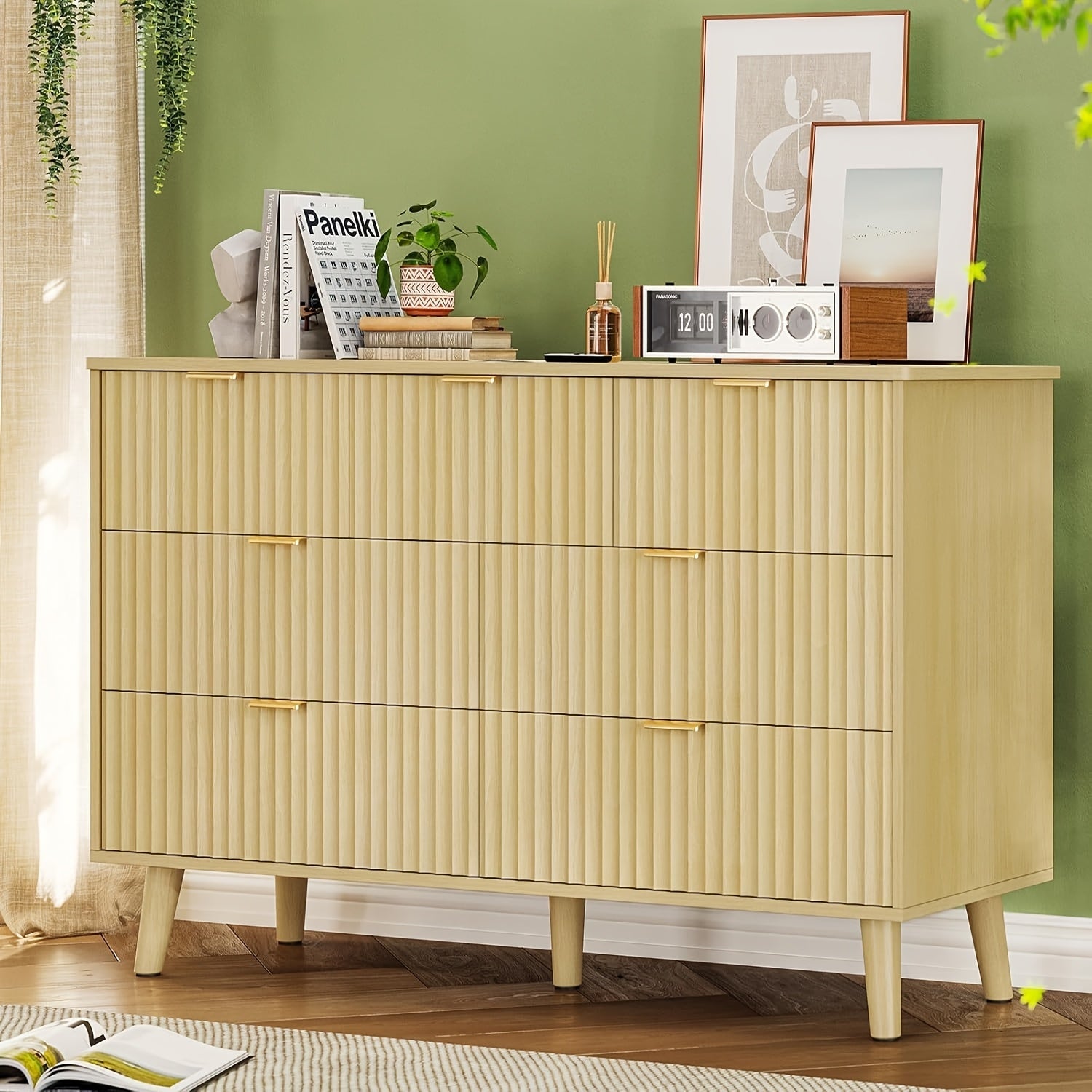 Modern 7-Drawer Fluted Dresser in Natural Oak - Golden Metal Handles, Spacious Storage Organizer for Bedroom & Entryway