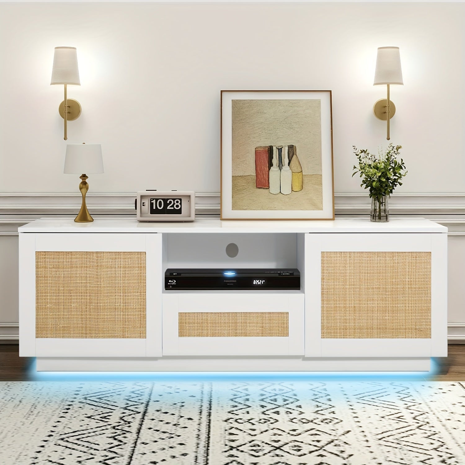 Kinder King Rattan TV Stand For 65 Inch TV - White Entertainment Center With LED Light, Rattan Doors And Drawer, 58in Modern TV Console, Media Cabinet For Living Room