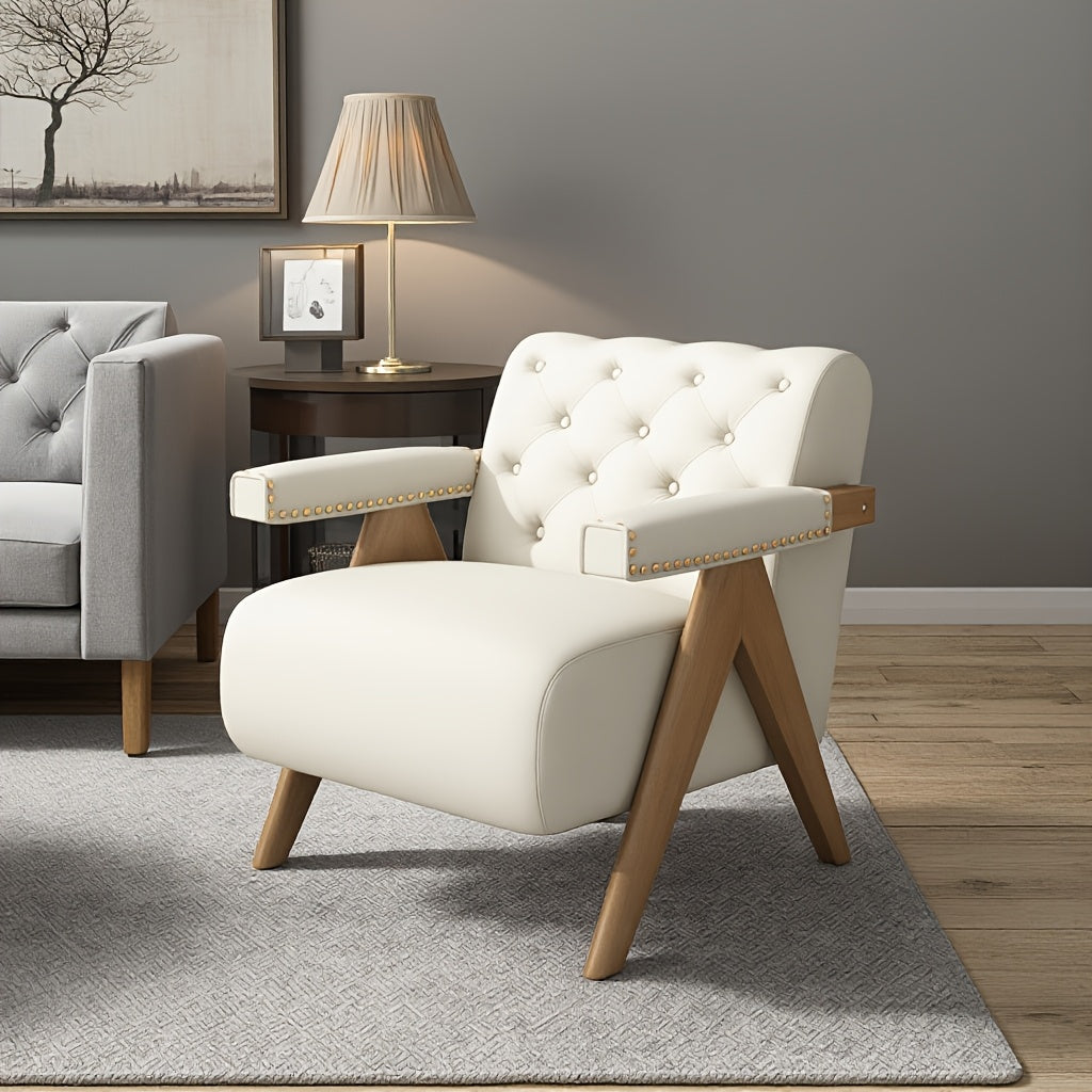 Mid Century Modern Accent Chairs With Solid Wood Frame, Boucle Upholstered Living Room Chairs With Thick Cushion, Comfy Tufted Arm Chair For Bedroom, Velvet Single Sofa