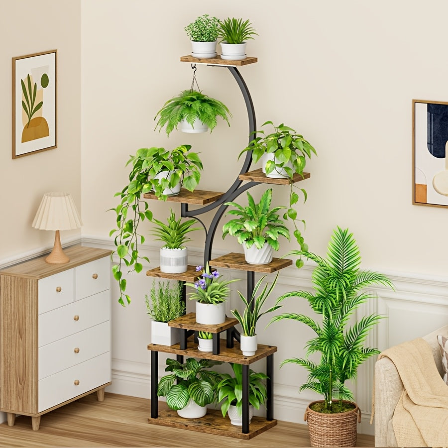 S-shaped Plant Stand Indoor With Grow Lights, 62'' Tall 8 Tiered Large Metal Household Plant Flower Stand With Thickened Wooden Boards, Multi Functional Display Stand, Suitable For Terraces, Balconies, Living Rooms, Courtyard