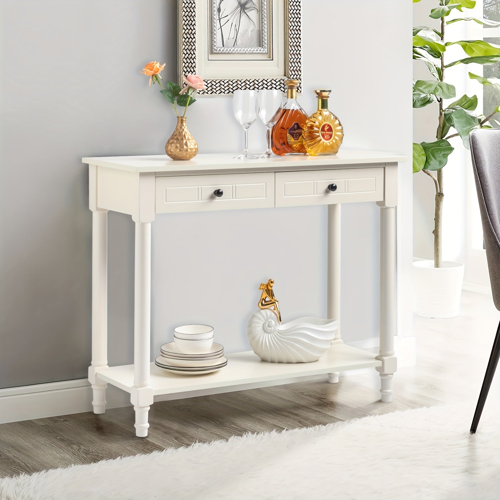 2-Tier Console Table with 2 Drawers, Console Tables for Entryway, Sofa Table with Storage Shelves, Entryway Table Behind Sofa Couch, for Living Room, Kitchen, Cream White