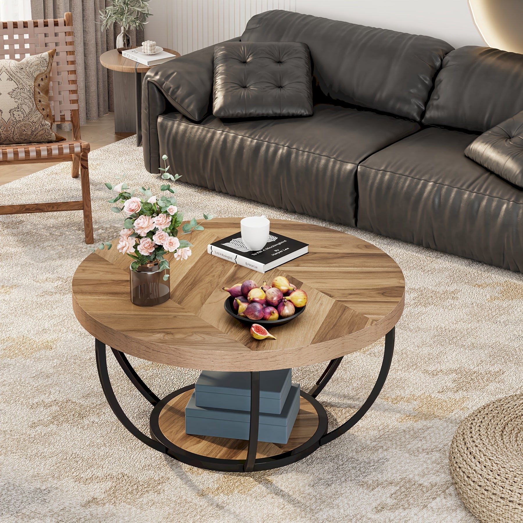 Round Coffee Table 82cm Circle Coffee Table For Living Room 2-Tier Wood Accent Center Table With Open Storage Modern