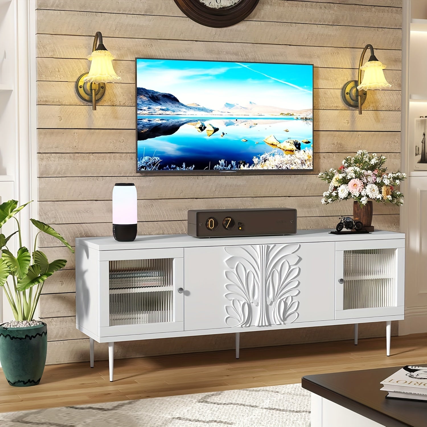 TV Stand For TVs Up To 75", Mid Century Modern TV Console With 3D Flower Pattern, Wood Entertainment Center With 2 Fluted Glass Doors, Media Console Table With Storage For Living Room