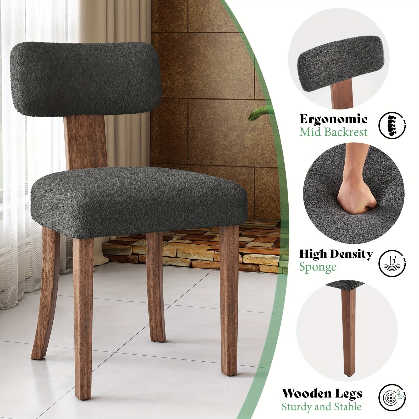 Set Of 2 Modern Dining Chairs With Upholstered Curved Backrest And Seat, Linen Kitchen Chairs With Hardwood Frame For Dining Table