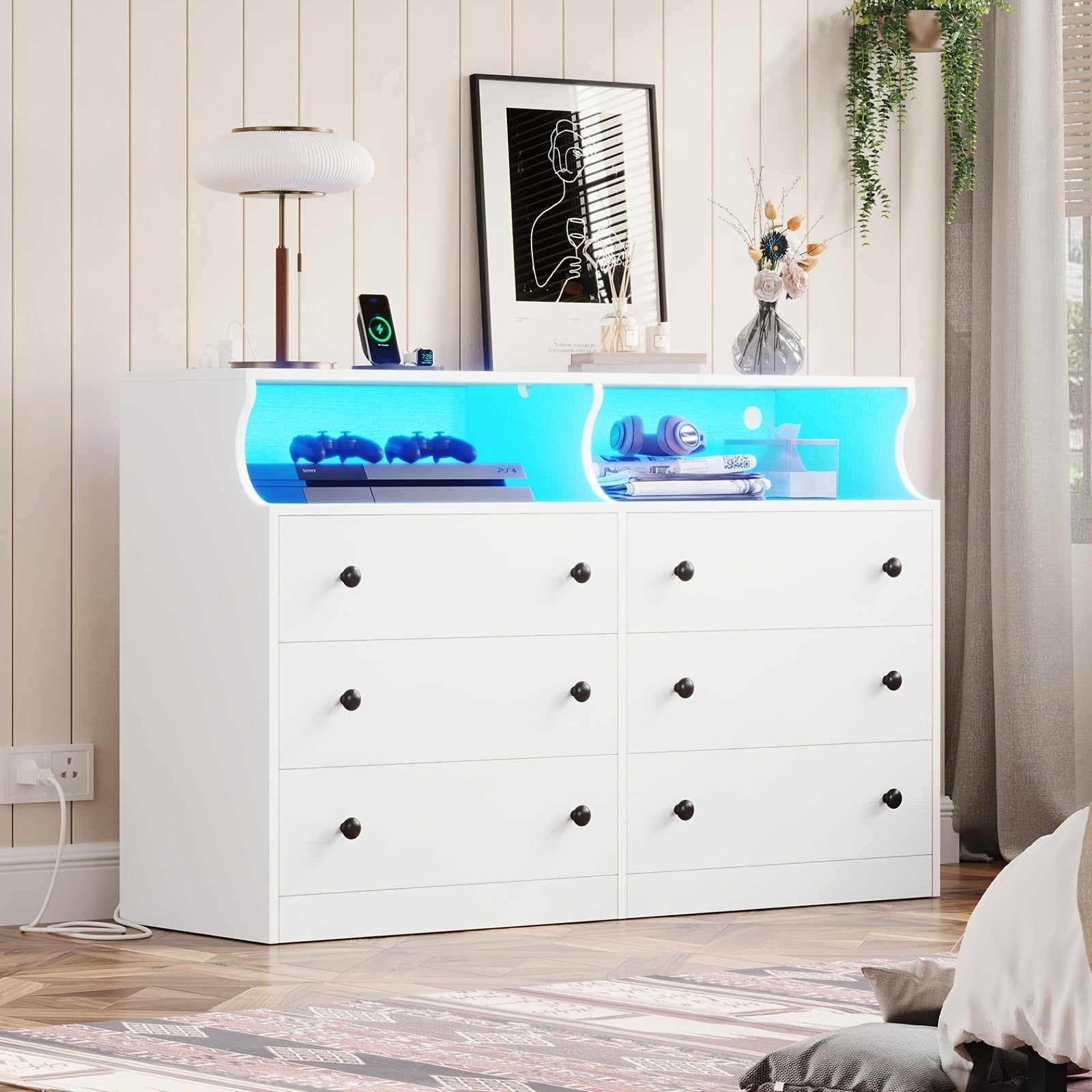 Bedroom Dresser 6 Drawer Double Dresser With Charging Station With Open Storage White - White - Dresser Westberry