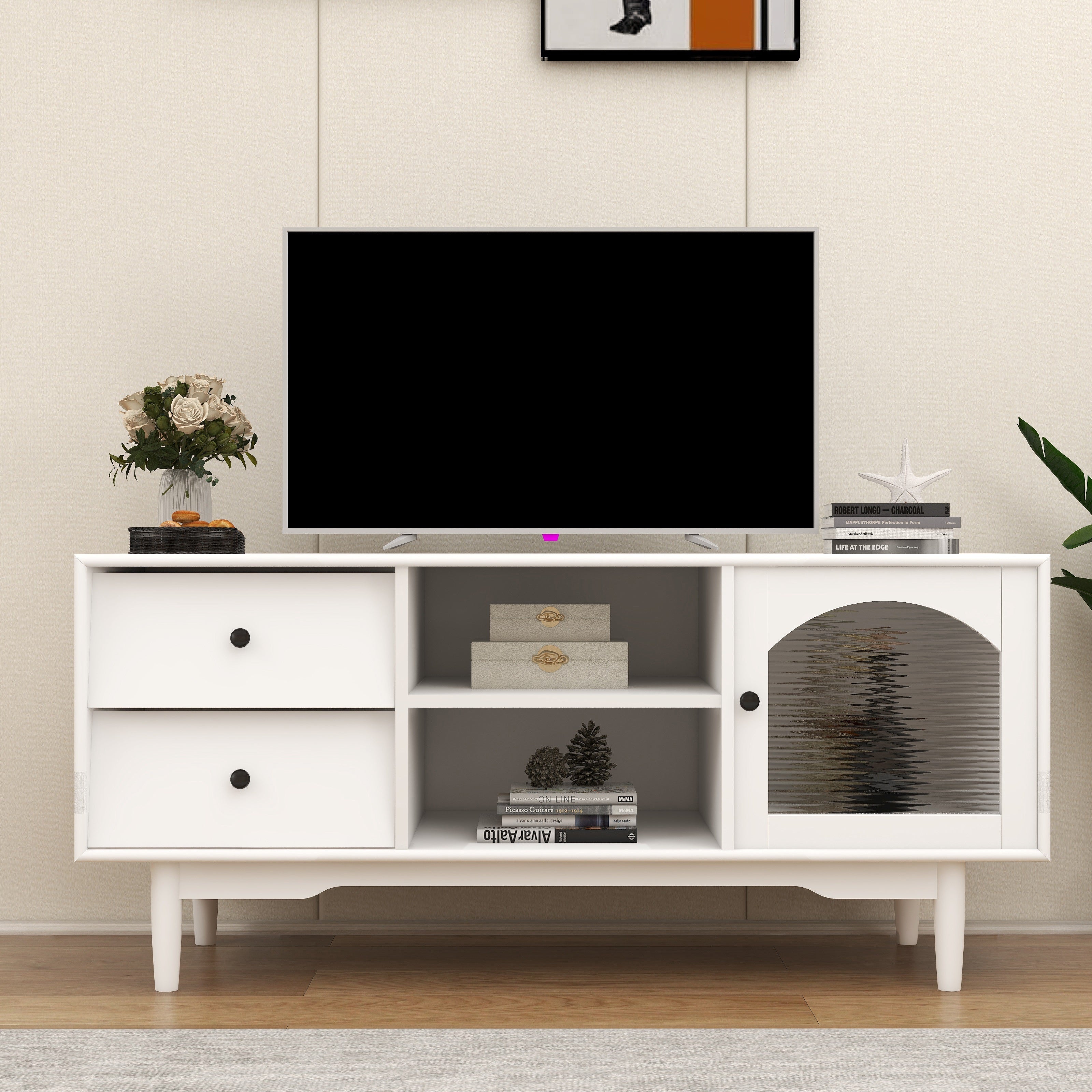 Entertainment Center With Glass Door Cabinet, White TV Stand For 45/50/55 Inch TV With Drawers And Open Shelves, Wood TV Stands For Living Room