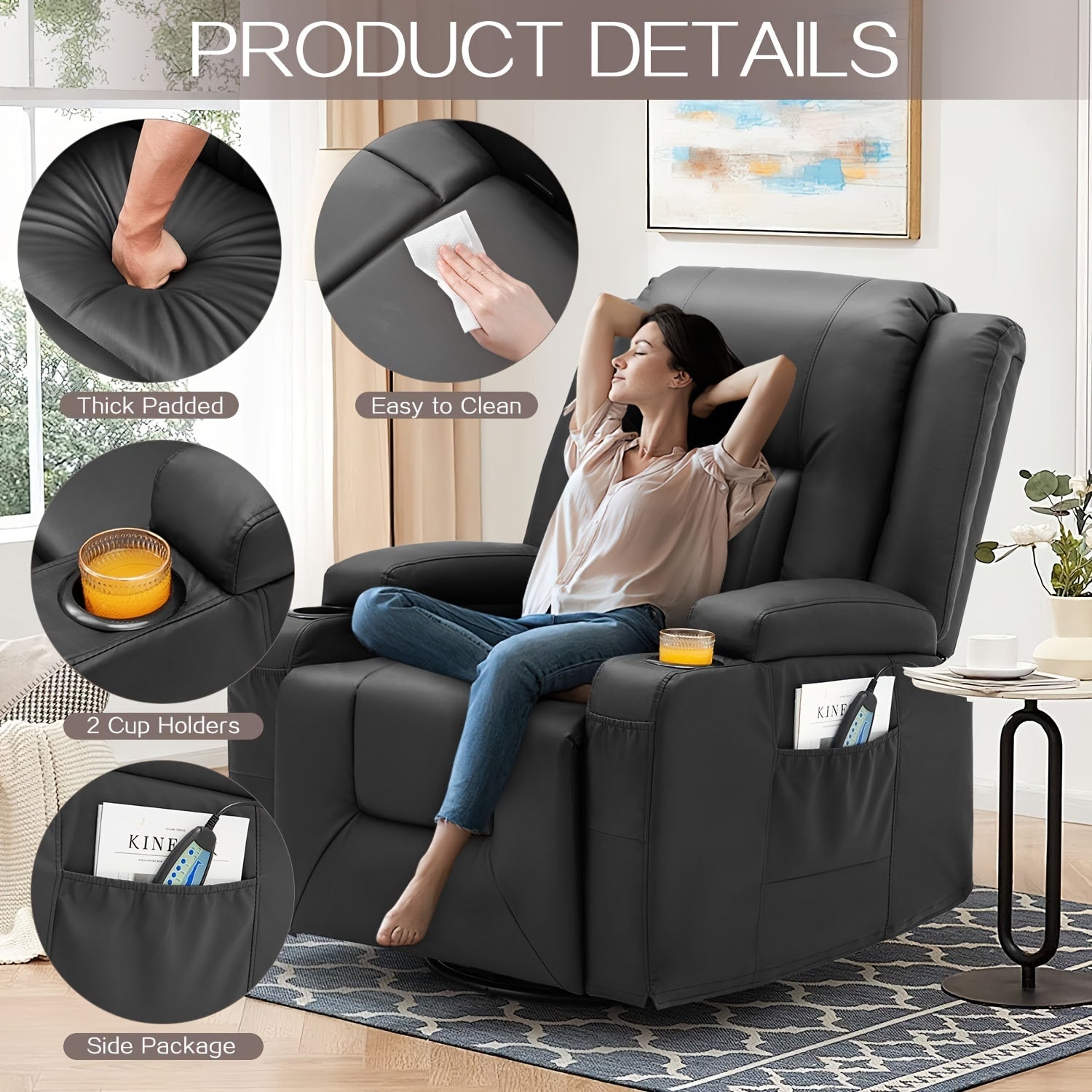 Massage Manual Recliner Chair With Heat, Leather Rocking Recliner Swivel Recliners Lazy Boy Recliner Chair W/ 2Side Pockages, 2 Cup Holders For Living Room, RV, Black