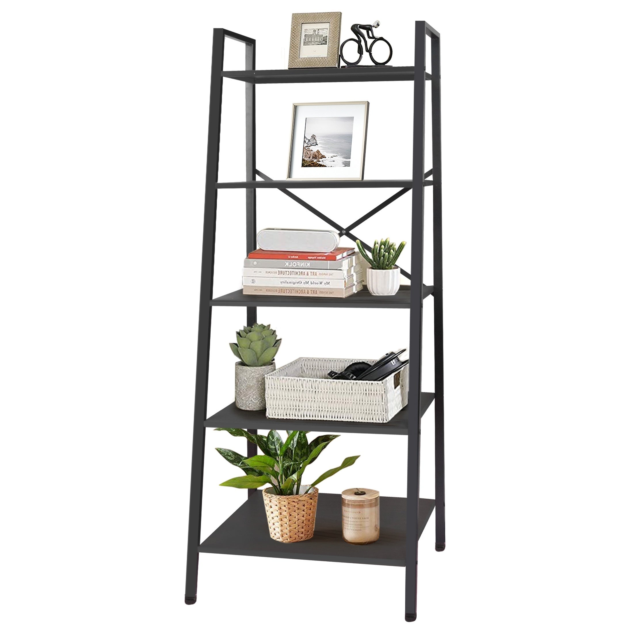 Ladder Shelf 5-Tier Free Standing Bookshelf With Adjustable Feet Metal Bookcase For Kitchen Bathroom Garage Small