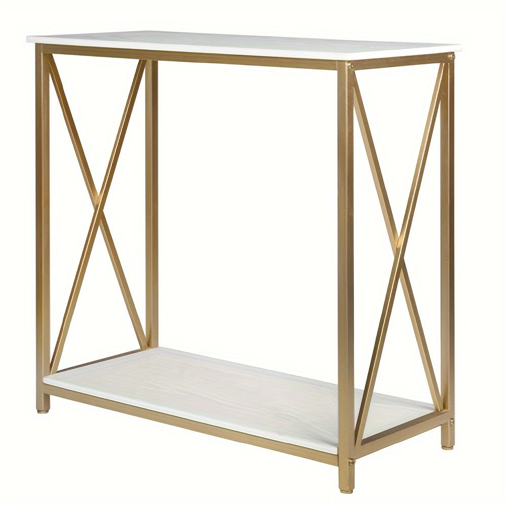 2-Tier Console Table, Golden Sofa Entry Table With White Top And Golden Metal Frame For Home