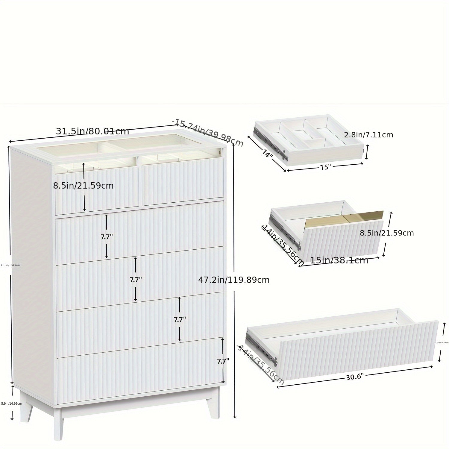 Fluted 6 Drawers Dresser, 47" Tall Modern Chest Of Drawers, Glass Tabletop Design, Wood Drawer Organizer For Bedroom, Hallway, Entryway, Living Room