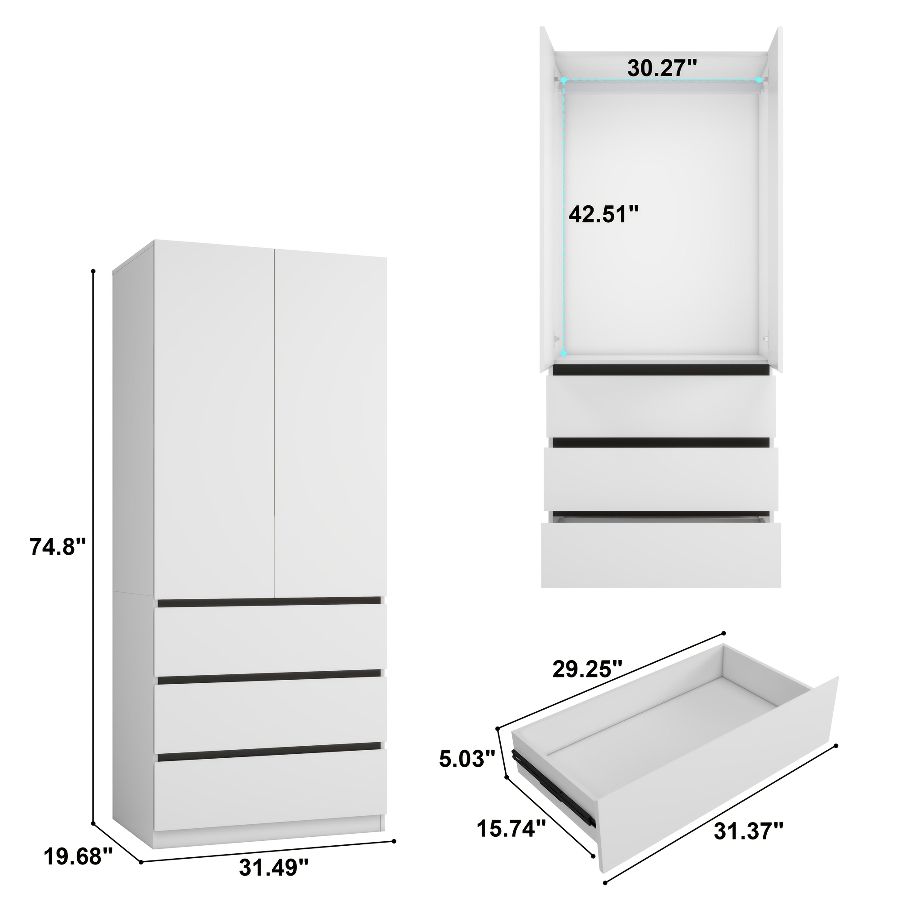 Bedroom Armoire Wardrobe Closet With 3 Drawers, 75" White Wardrobe Closet With 2 Doors, Modern Cabinet For Clothes With Shelves, Wood Closet For Hanging Clothes