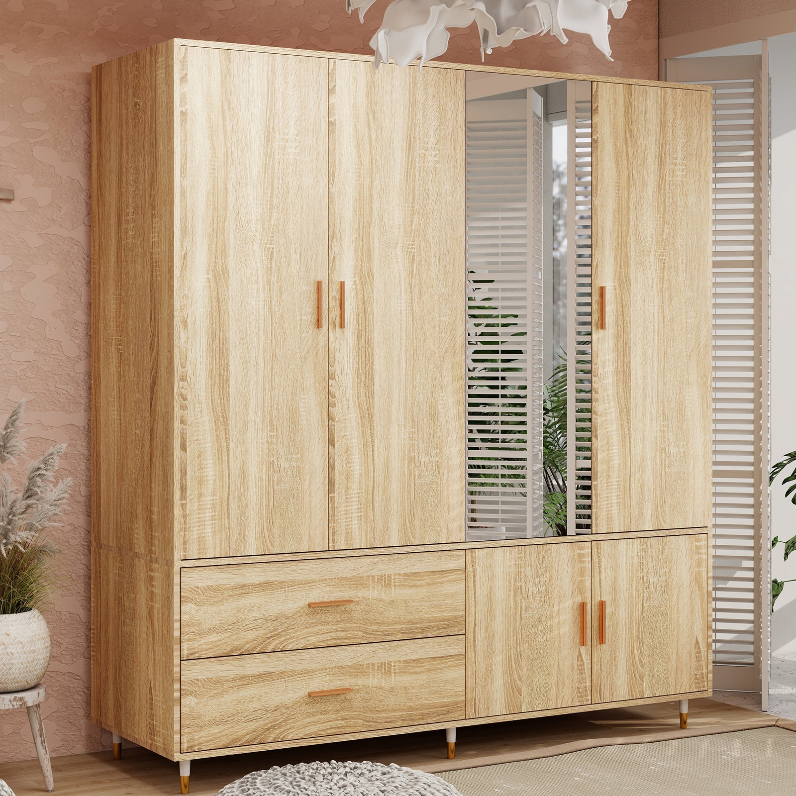 1pc Modern Multi-Functional 4-Door Wooden Armoire Wardrobe with Mirror Door & Drawers - Freestanding Hardwood & MDF Bedroom Closet for Clothing Storage