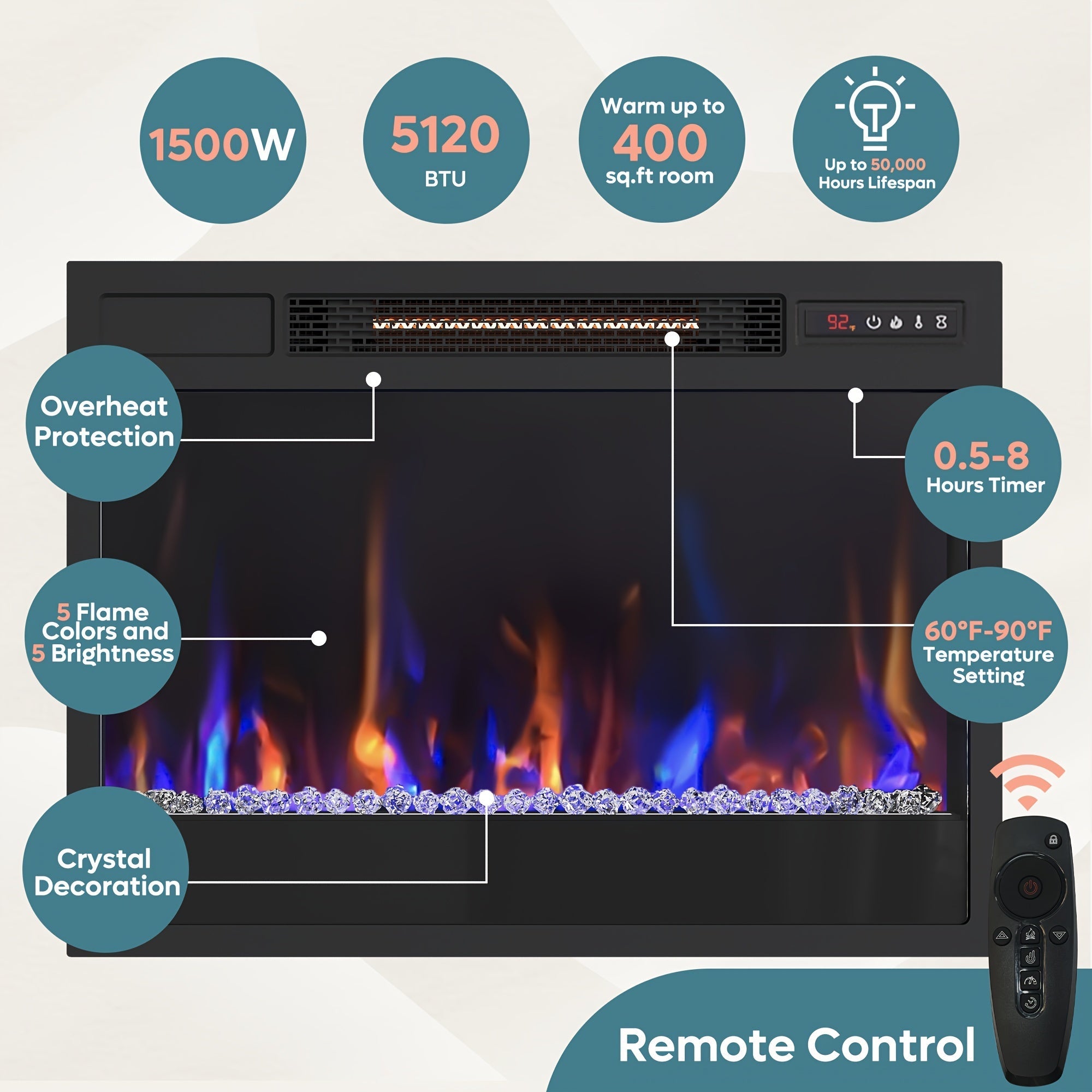 1pc Modern 70" Hardwood TV Stand with Electric Fireplace, LED Lights, and Storage Shelves - Particle Board Construction, Metal Frame, Independent Design, US Plug, 110V, for Living Room and Bedroom, Fireplace Tv Stand