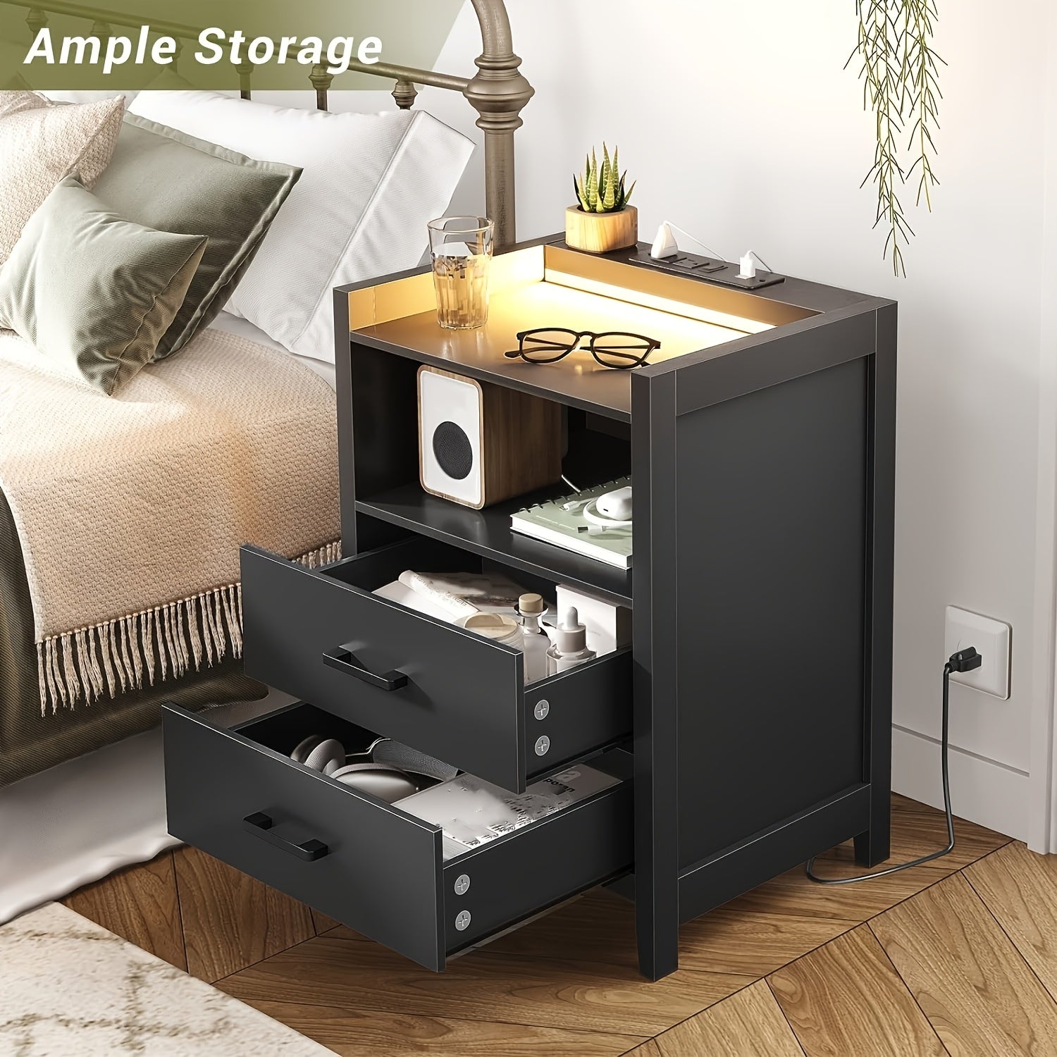 Nightstands for Bedroom, Black Night Stand Bedside Table with 2 Drawers&Open Storage for Living Room