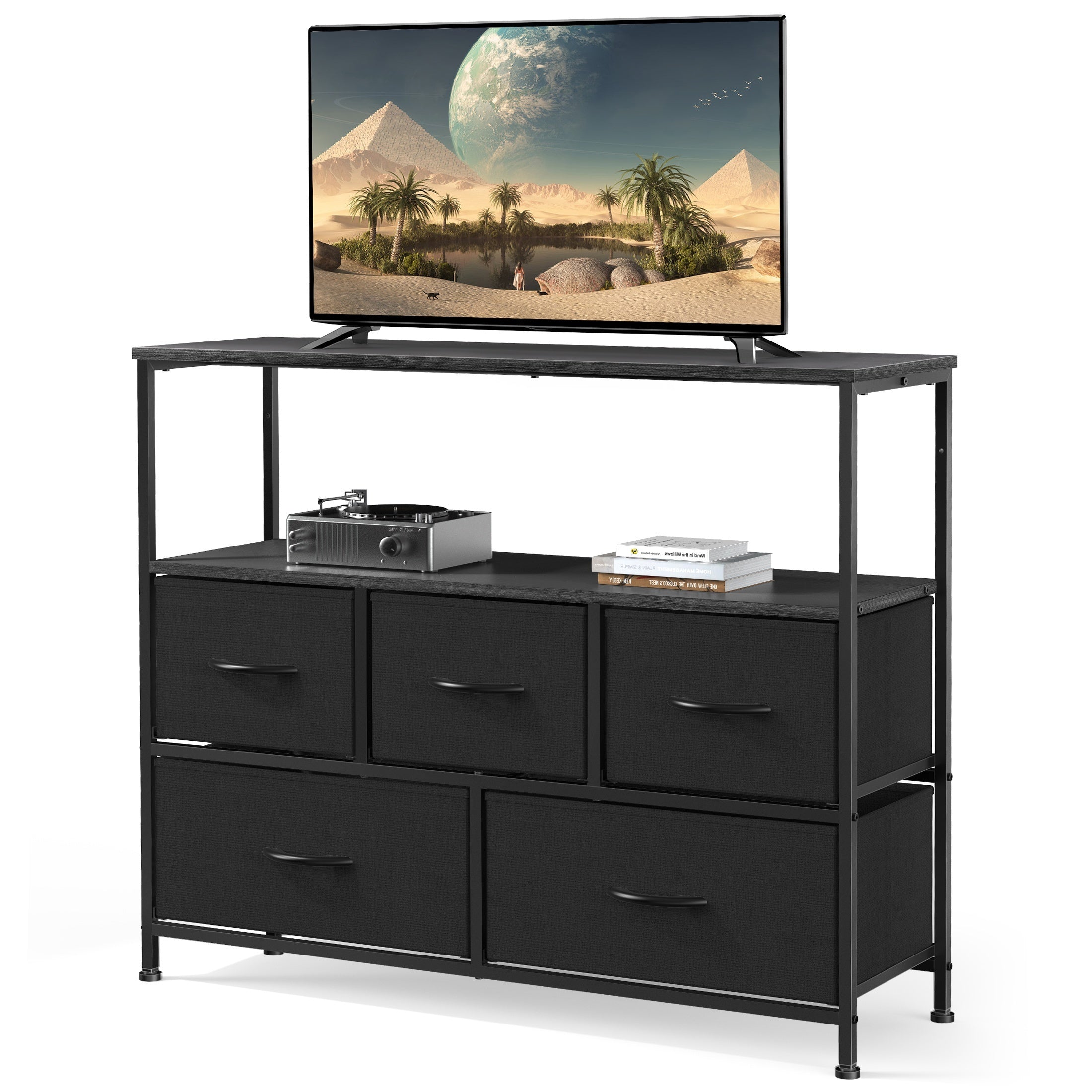 TV Stand Entertainment Center With 5 Fabric Drawer For Bedroom 30 Inch Tall Dresser With Open Display Media Console Closet Metal Shelf Storage For Living Room Space Saving