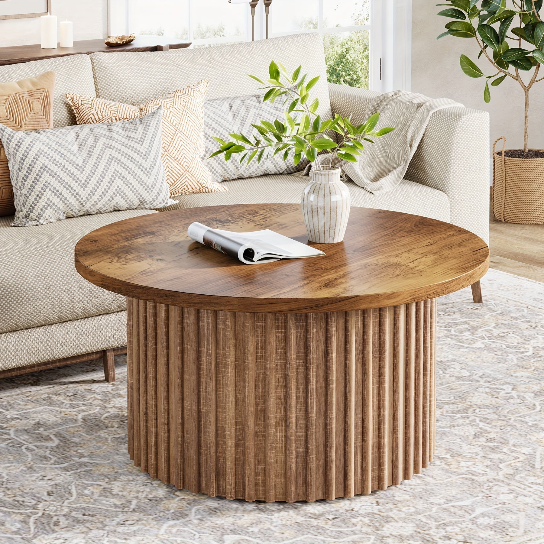 81cm Round Coffee Table, Farmhouse Circle Coffee Table, Modern Wood Accent Center Table Sofa Side Table With Metal Base, For Living Room, Home Office