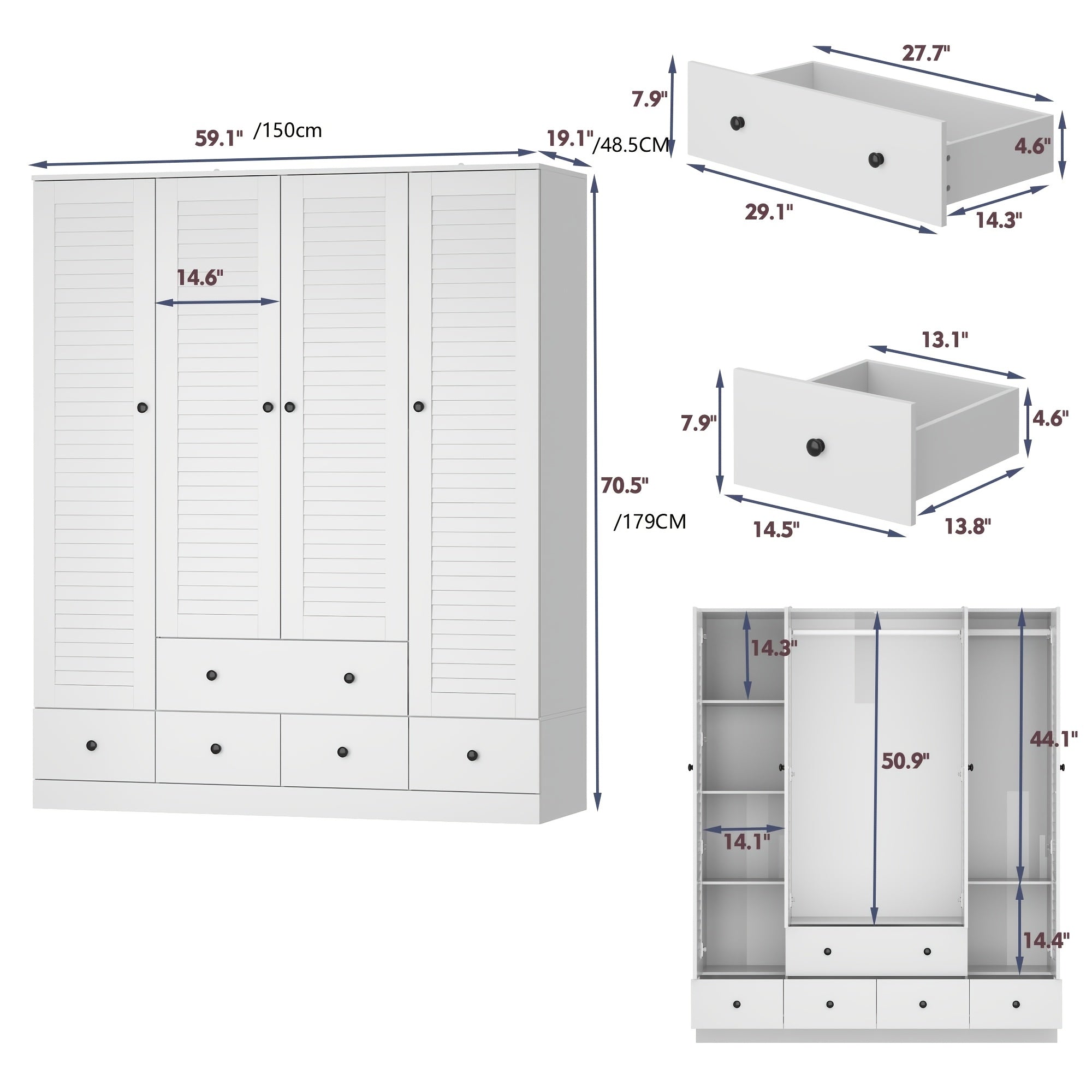 4 Shutter Door Wardrobe Armoire Closet With Shelves And 5 Drawers, Armoire Wardrobe Closet With 2 Hanging Rods, For Bedroom White 59"W X 19"D X 70.9"H