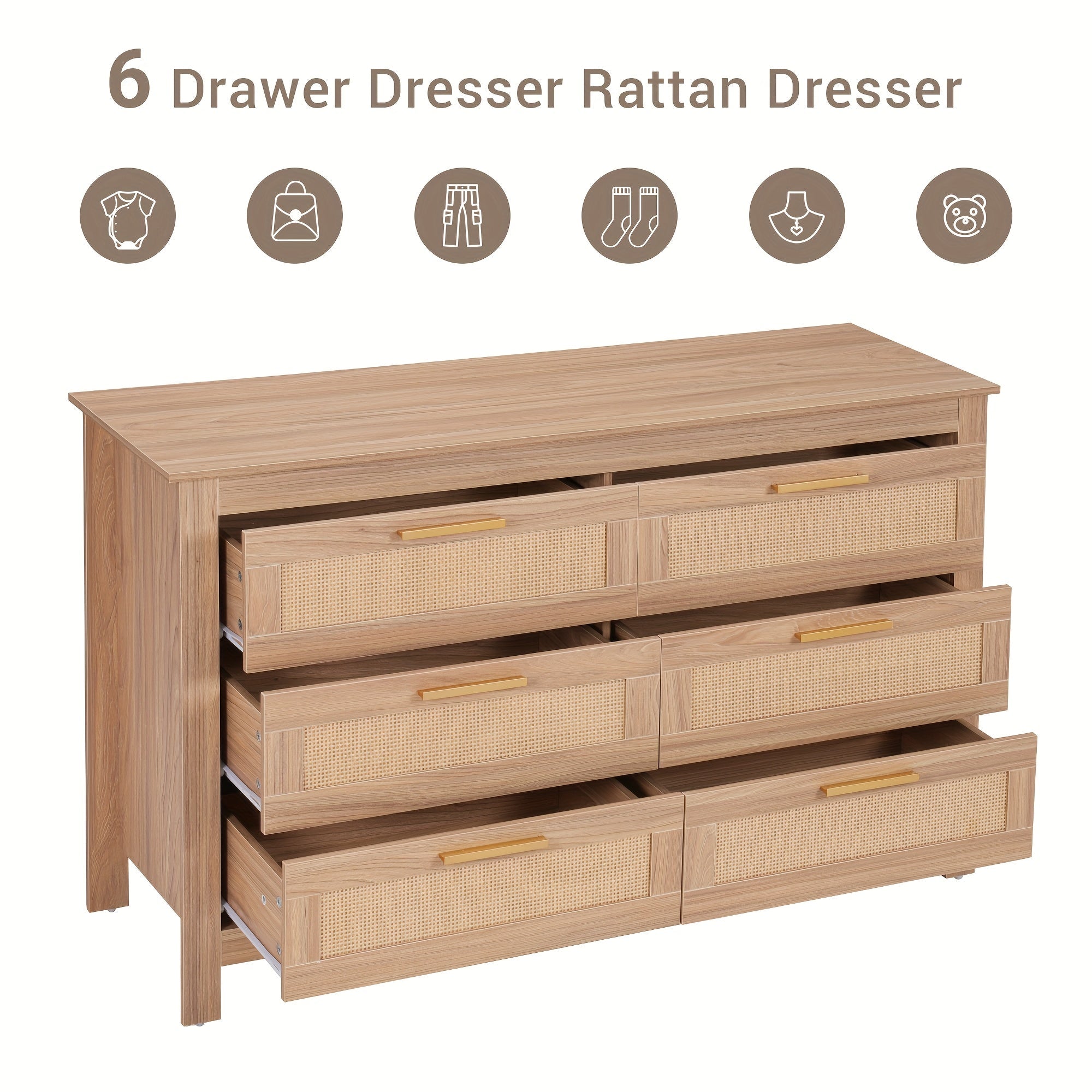 48.42"L X 15.7"W X 29.92"H Rattan Dresser Modern 6 Drawer Double Dresser With Handles, Wood Storage Chest Of Drawers For Bedroom, Living Room, Hallway, Also As Beside Tabe, TV Stand (suit For 50"TV), Clothing Organizer/linger