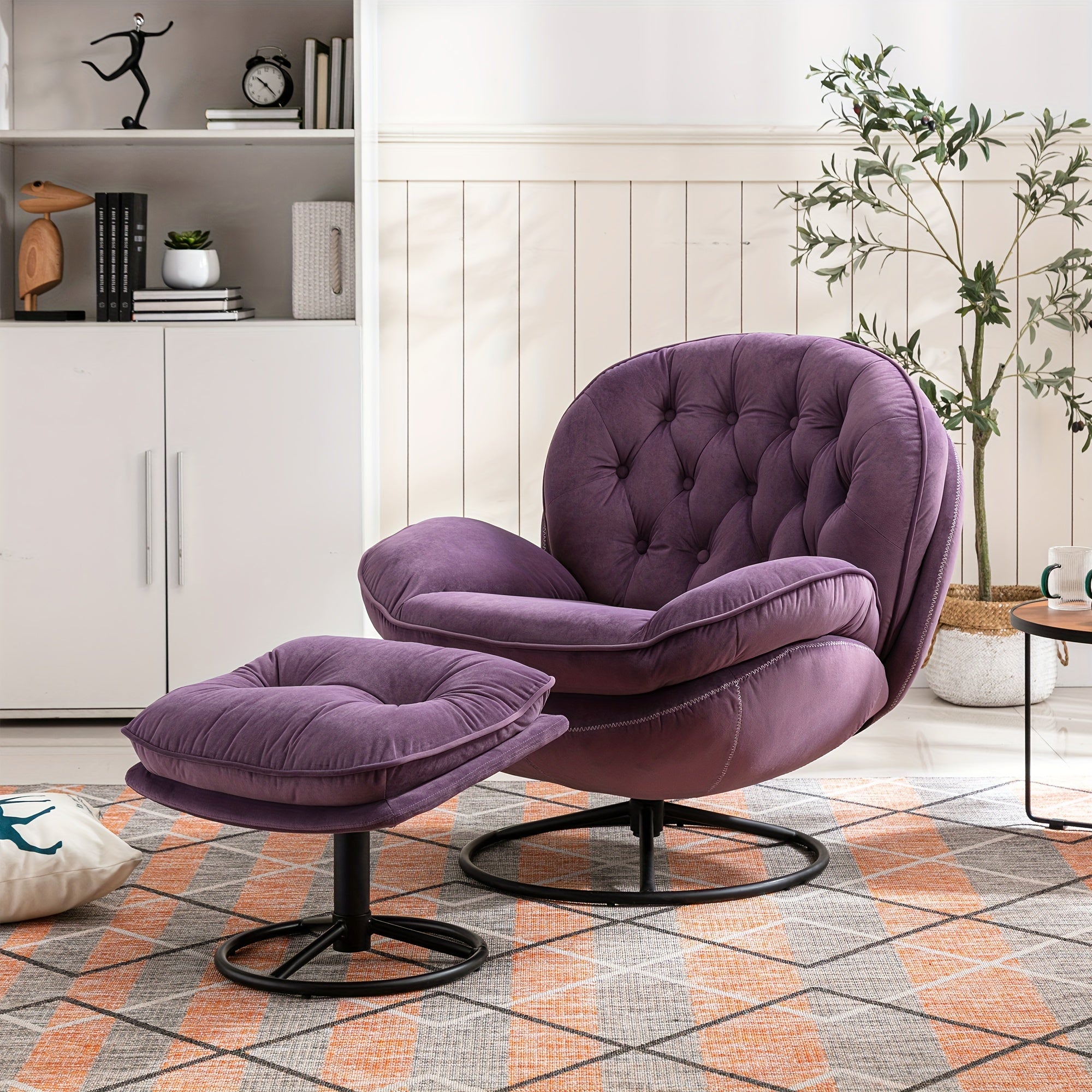 Velvet Swivel Accent Chair With Ottoman Set, Modern Tufted Armchair With Footrest For Living Room, Reading TV Chairs For Adults, Comfy Chaise Lounge Chairs With 360 Degree Swiveling For Bedroom - PURPLE