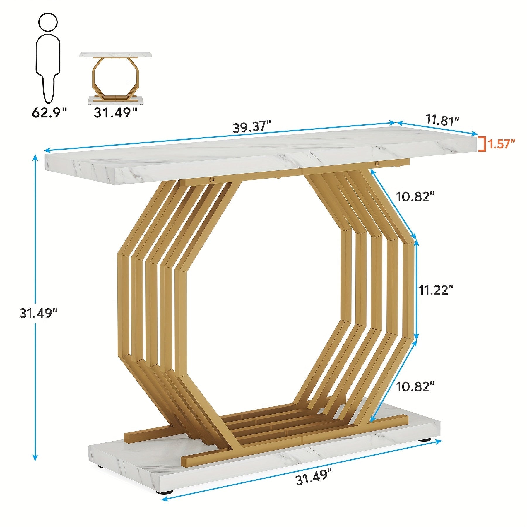 40 Inch Modern Console Table, Faux Marble Narrow Sofa Table with Geometric Metal Base, Accent Table for Living Room, Hallway, Foyer, Entryway, Entrance