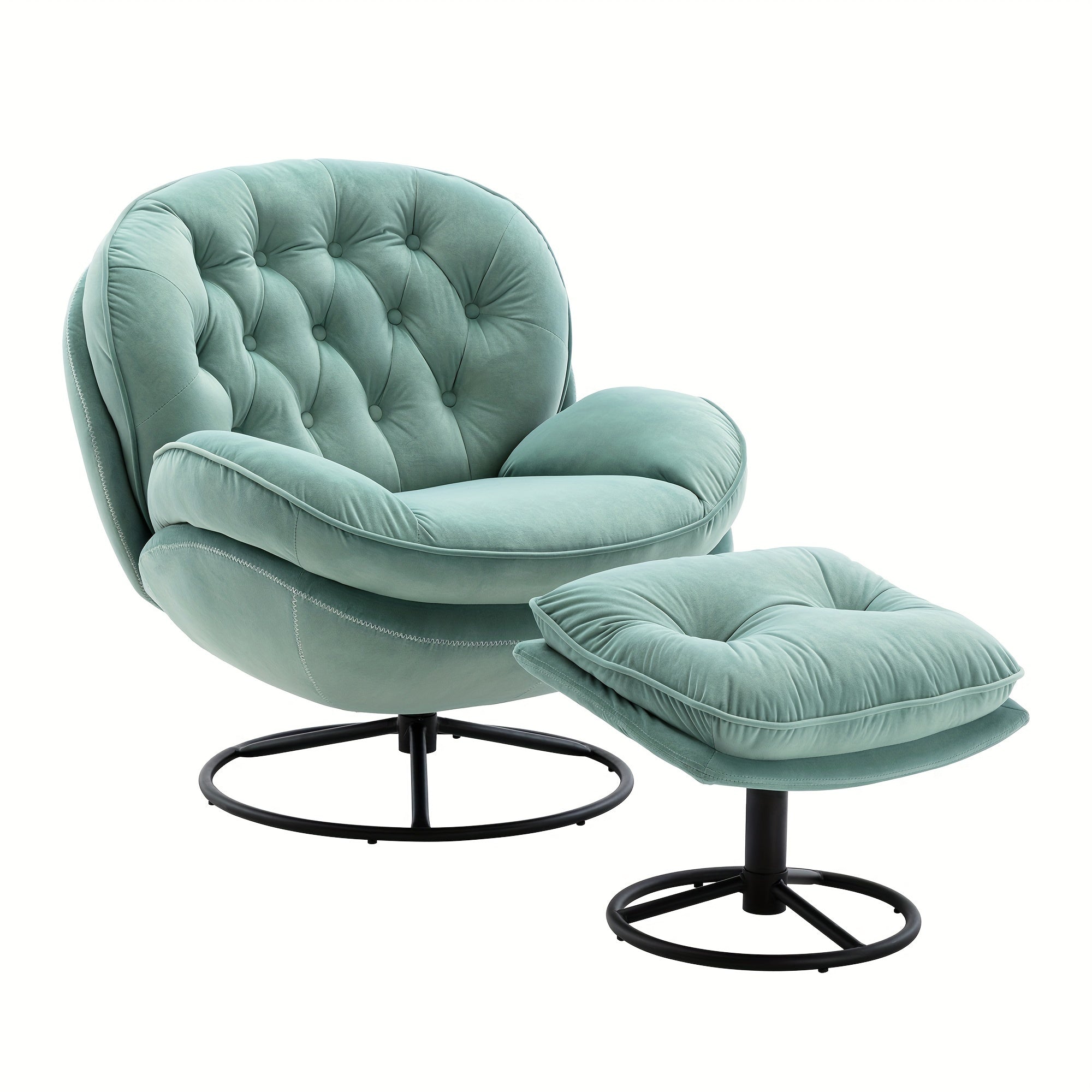 Velvet Swivel Accent Chair With Ottoman Set, Modern Tufted Armchair With Footrest For Living Room, Reading TV Chairs For Adults, Comfy Chaise Lounge Chairs With 360 Degree Swiveling For Bedroom - TEAL