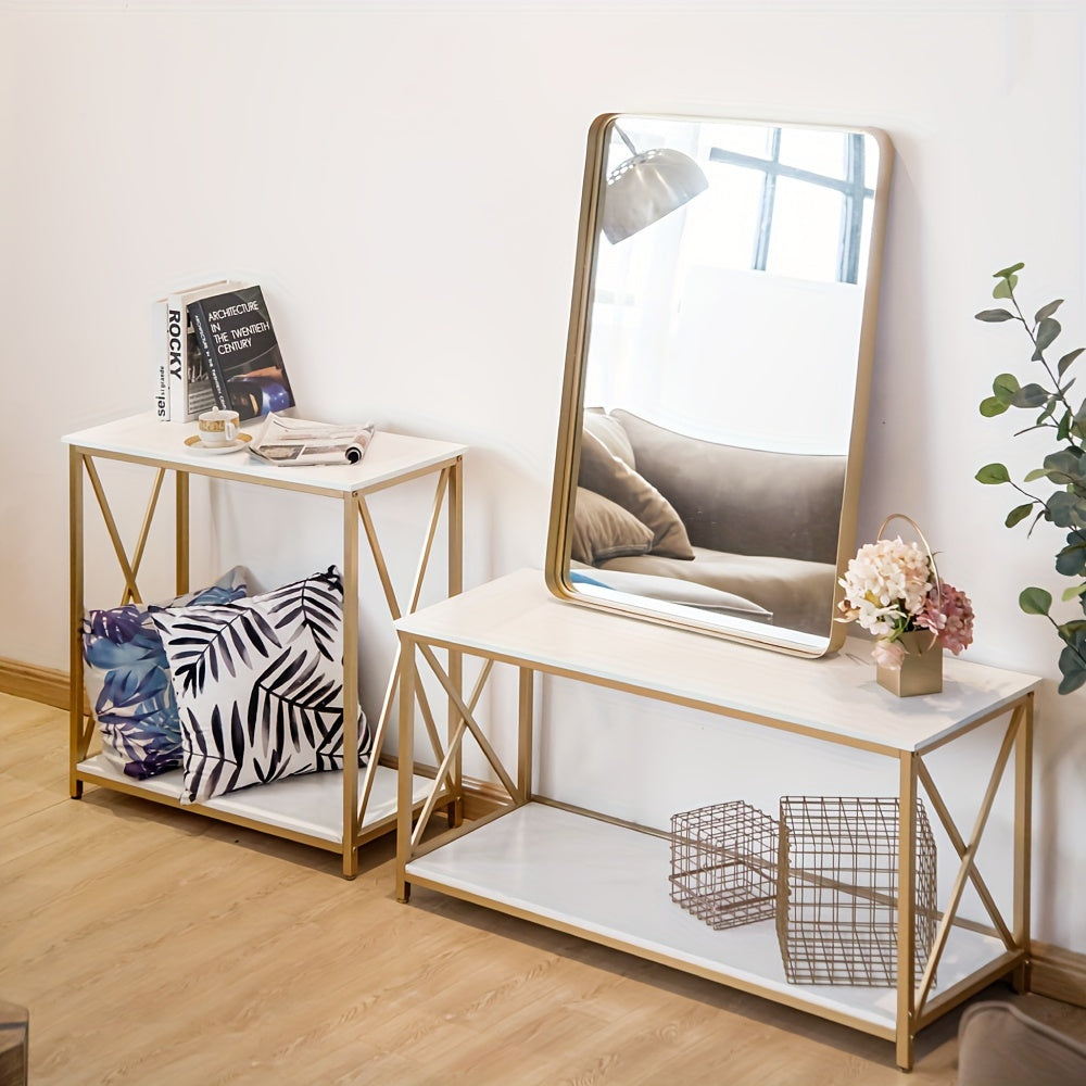 2-Tier Console Table, Golden Sofa Entry Table With White Top And Golden Metal Frame For Home