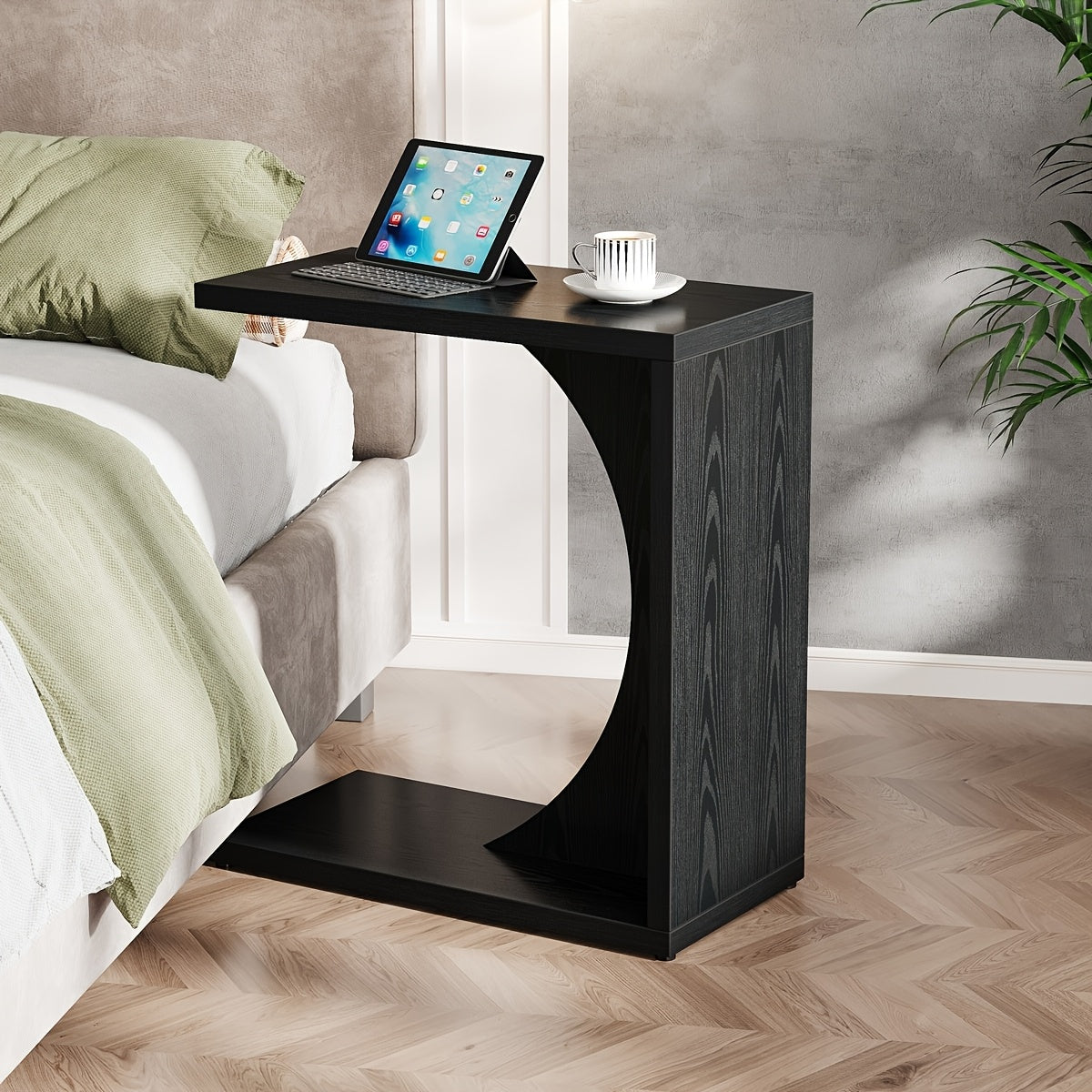 Modern Black C-Shaped End Table - Compact Side Table for Small Spaces, Adjustable Feet, Easy Assembly & Cleaning