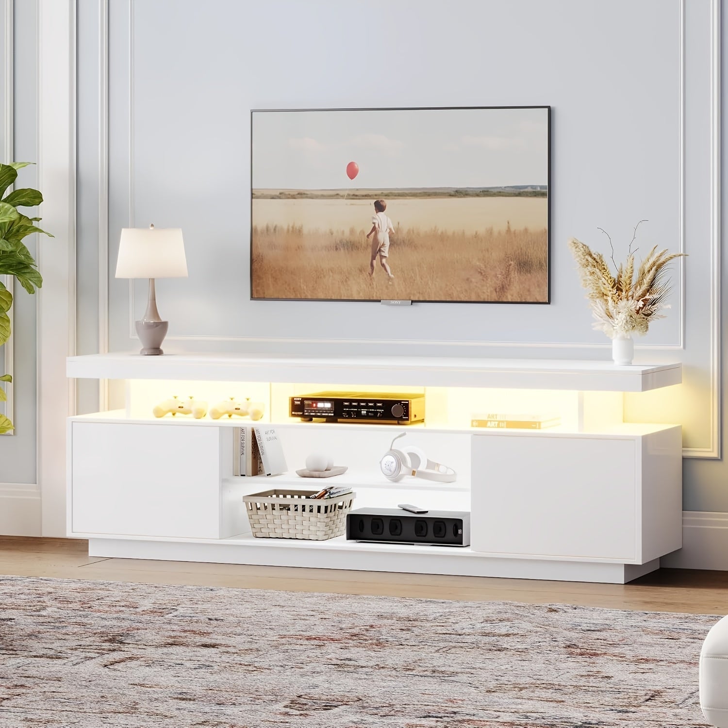 Compact Size Spacious Modern Black Wooden TV Stand with LED Lighting & Ample Storage - Fits Up to 65" TVs, Ideal for Contemporary Living Room, Features 5 Open Shelves & 2 Spacious Cabinets, No Assembly Required, Tv Table for