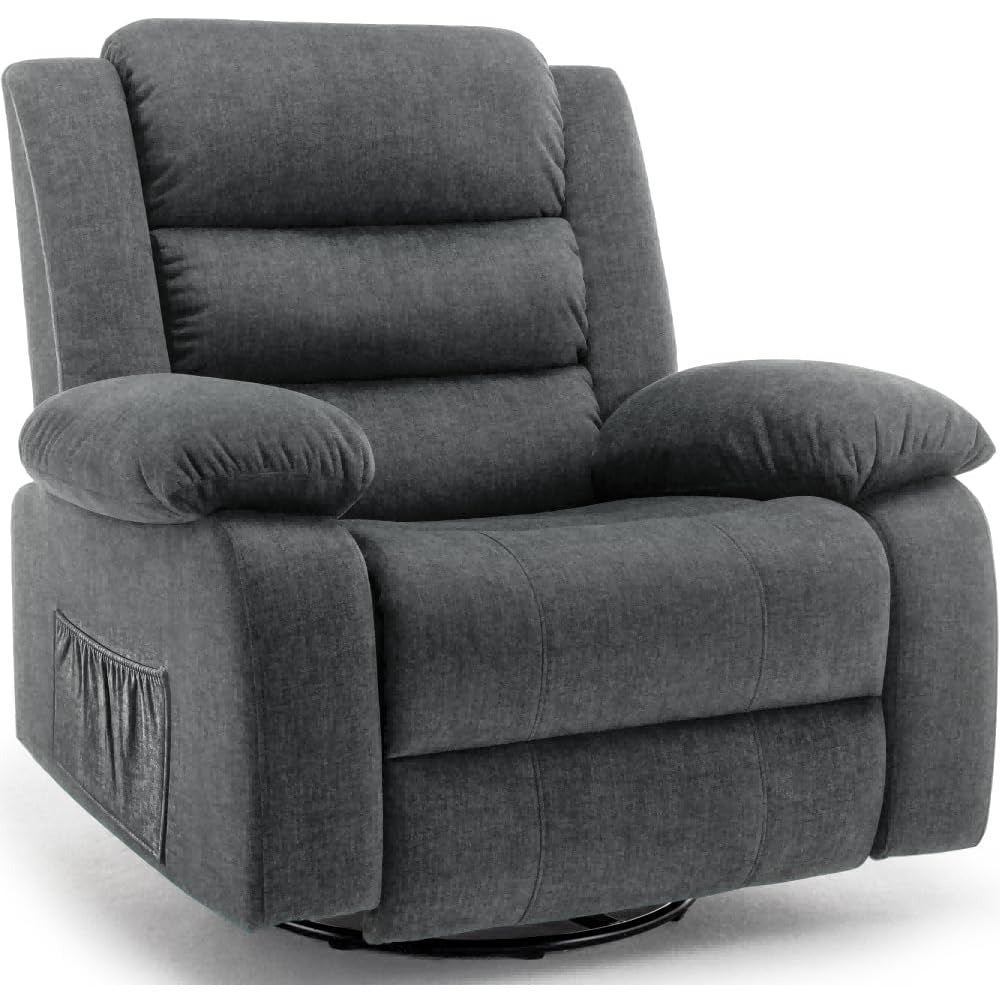 Plush Grey Recliner Chair with Massage & Heat - 360° Swivel, Wide Rocker, Oversized Fleece Sofa for Adults, Solid Back, Easy Clean - Ideal for Living Room Comfort, Reclining Chair