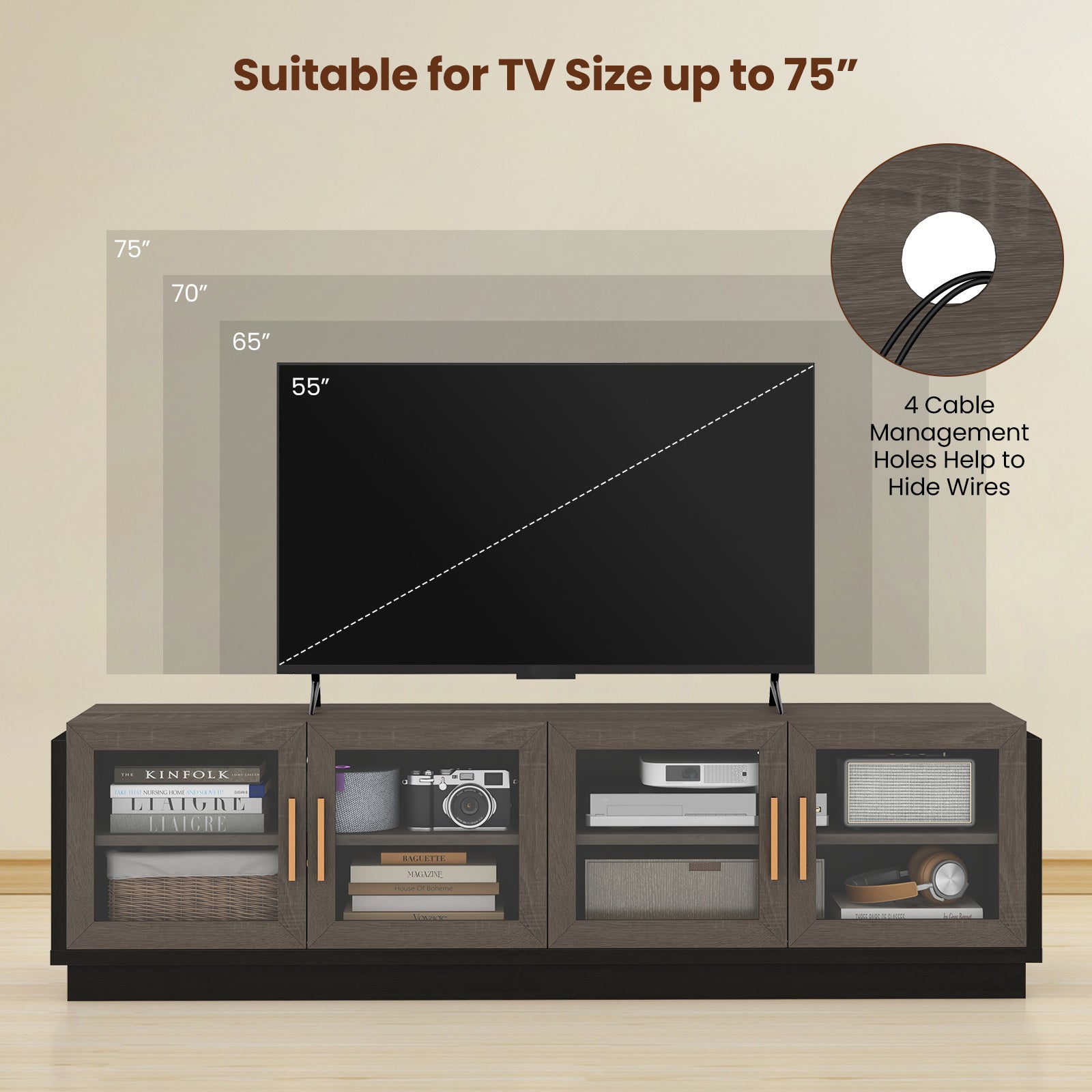 Large TV Stand for 75" TVs, Modern Console Table with 4 Tempered Glass Doors, Adjustable Shelves & Cable Holes, Engineered Wood and Metal Entertainment Center Display Cabinet - Brown/Black, Storage Cabinet, Living Roo