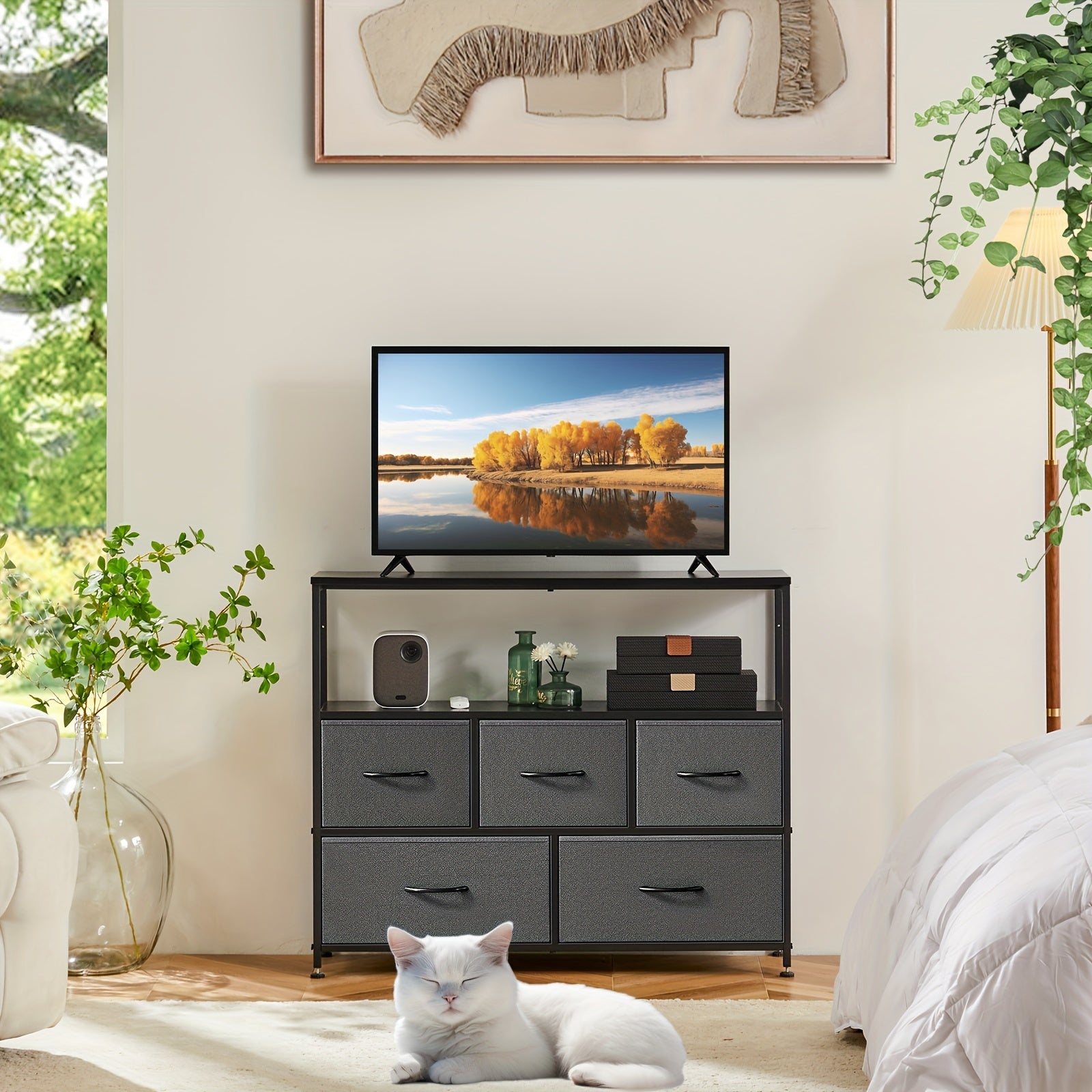 5 Fabric Drawer Dresser TV Stand With Universal TV Stand Base For Bedroom Entertainment Center For 45 Inch TV